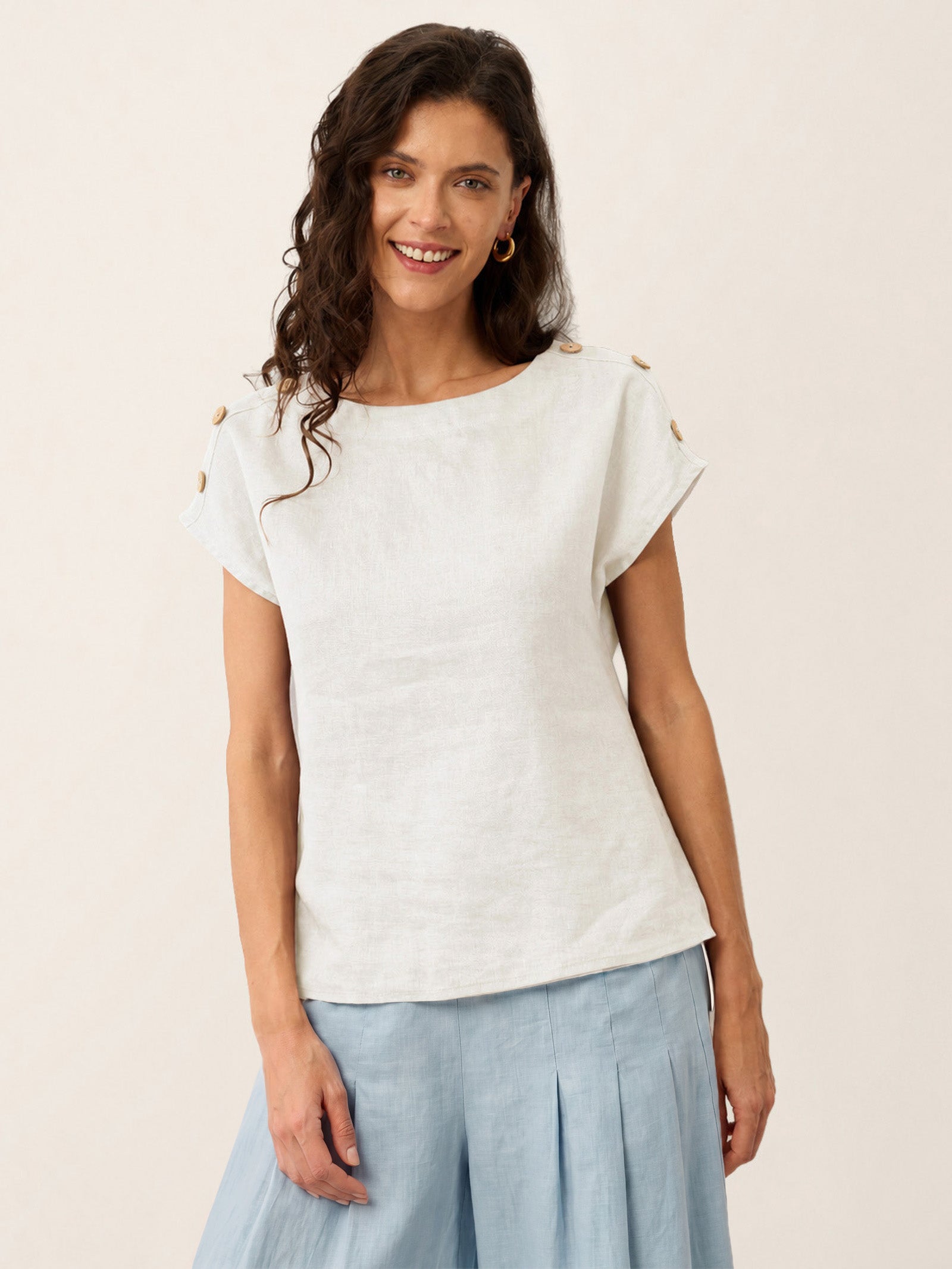 100% Linen Round Neck Button Detail Top ISABELLE DestGlow