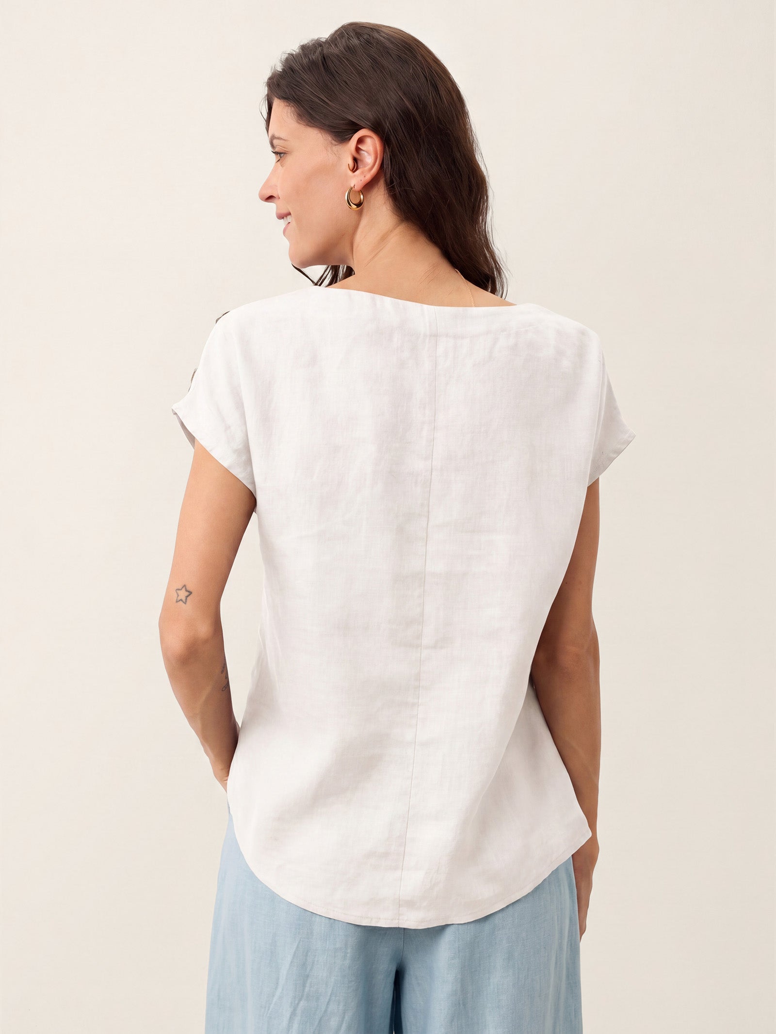 100% Linen Round Neck Button Detail Top ISABELLE DestGlow