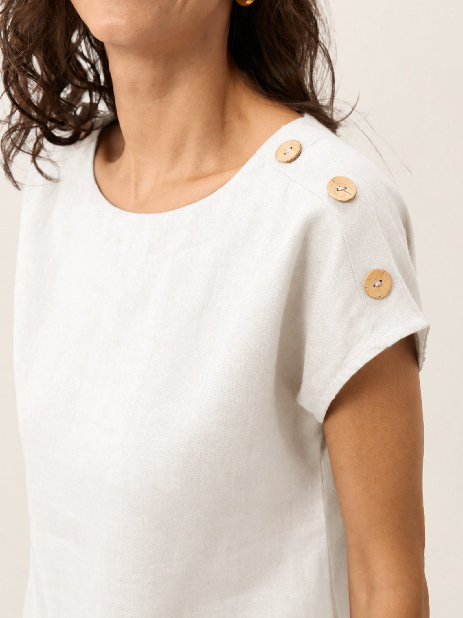 100% Linen Round Neck Button Detail Top ISABELLE DestGlow