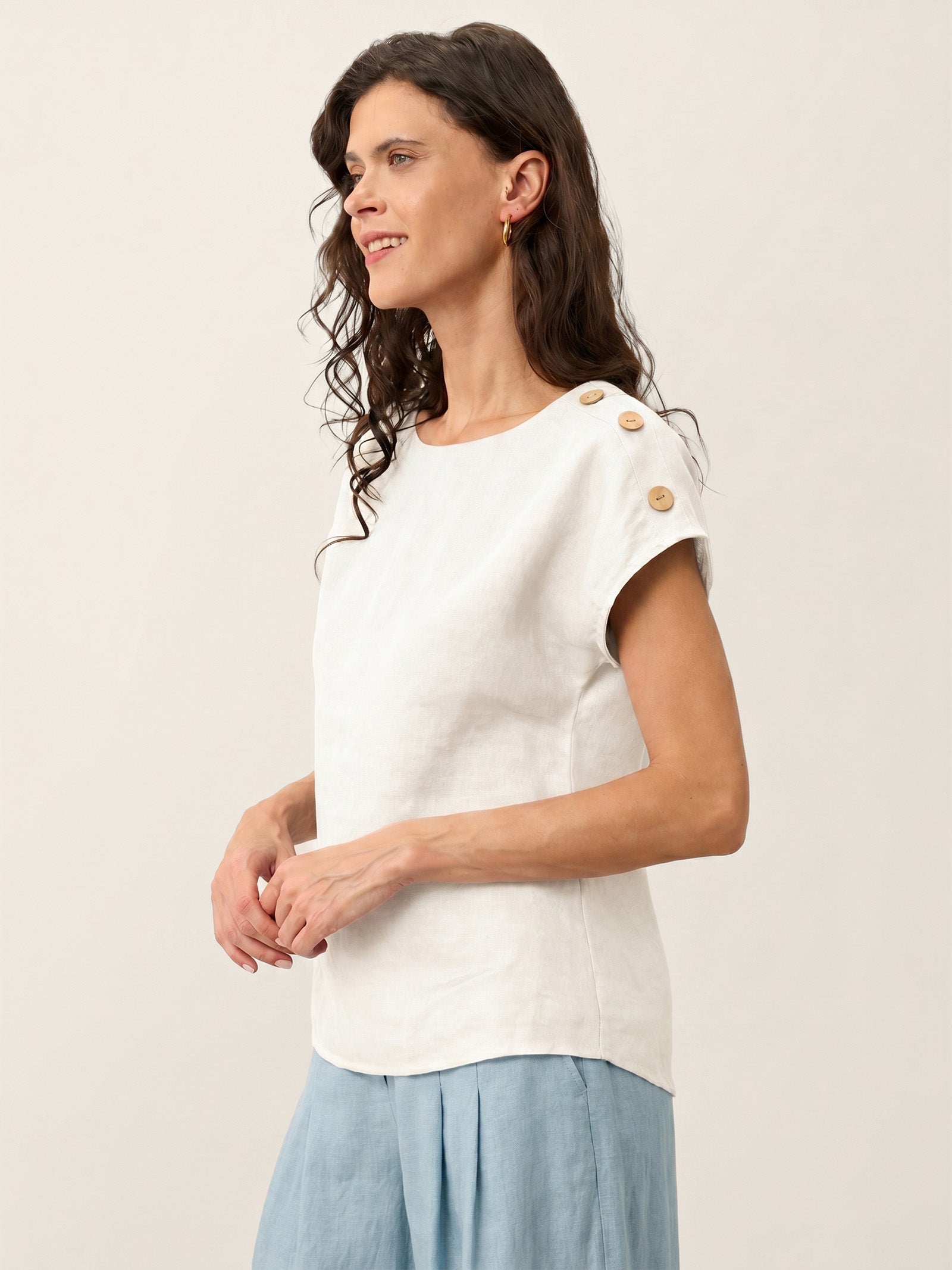 100% Linen Round Neck Button Detail Top ISABELLE DestGlow