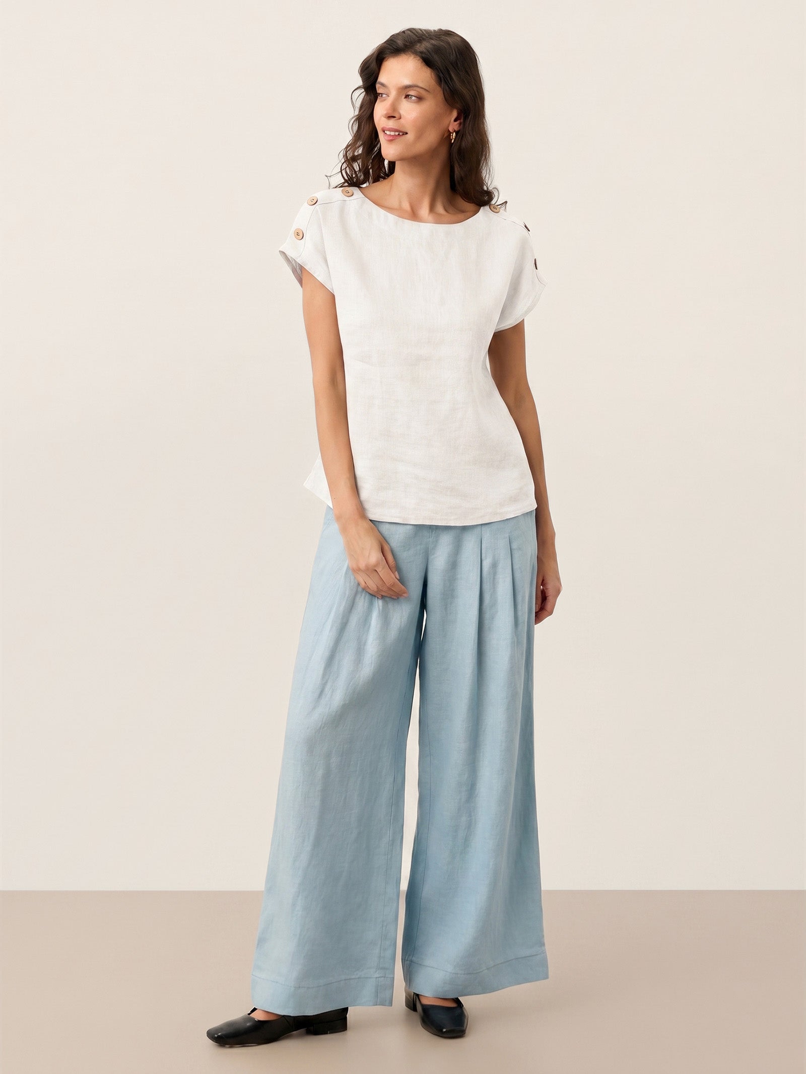 100% Linen Round Neck Button Detail Top ISABELLE DestGlow