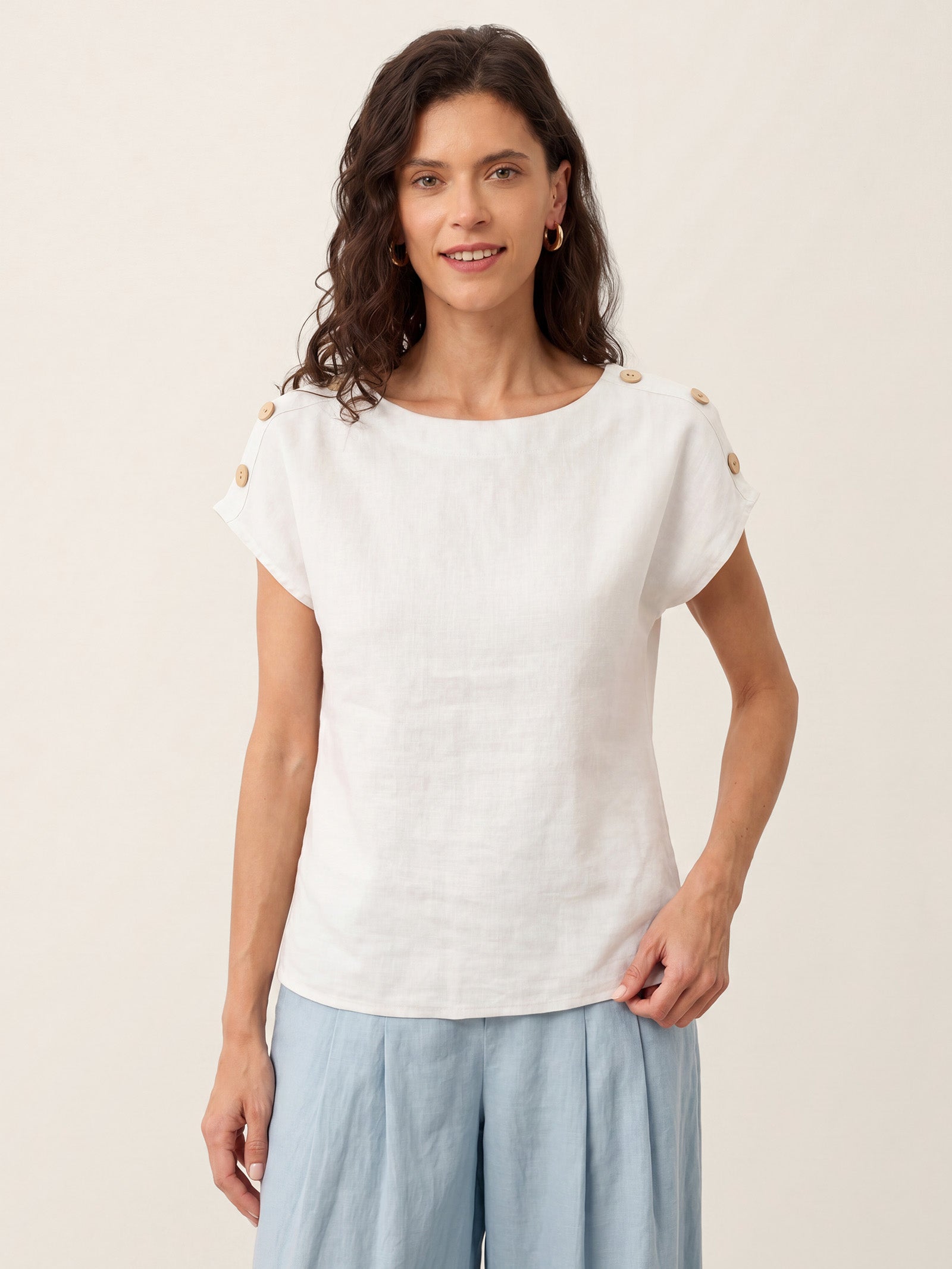 100% Linen Round Neck Button Detail Top ISABELLE DestGlow