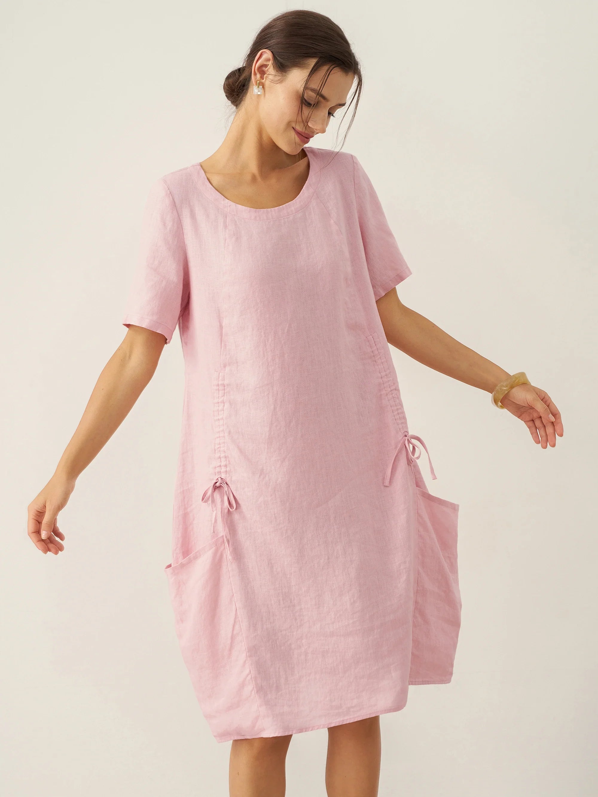 100% Linen Round Neck Patch Pocket Midi Dress XENA by LINTICO