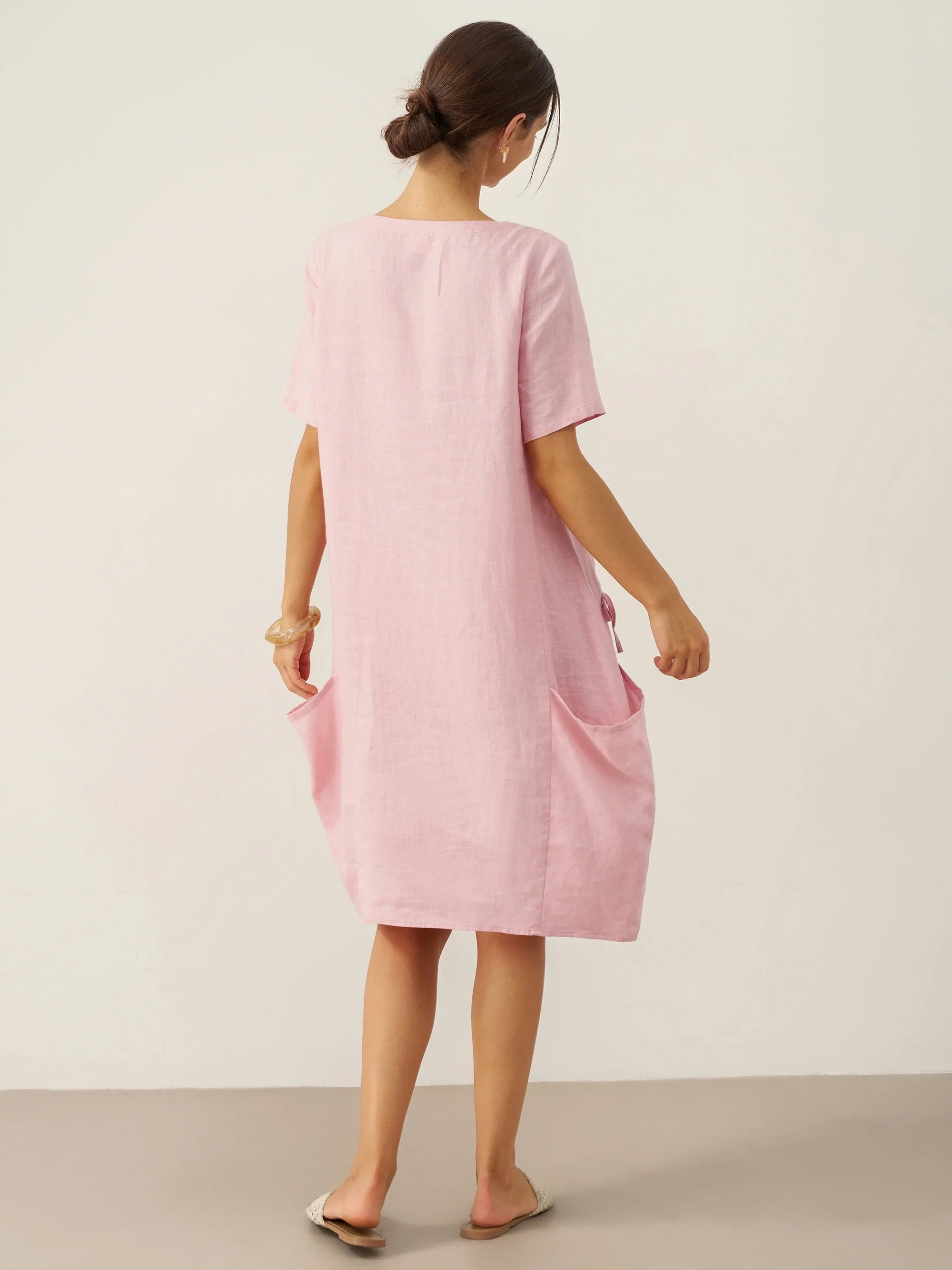 100% Linen Round Neck Patch Pocket Midi Dress XENA by LINTICO