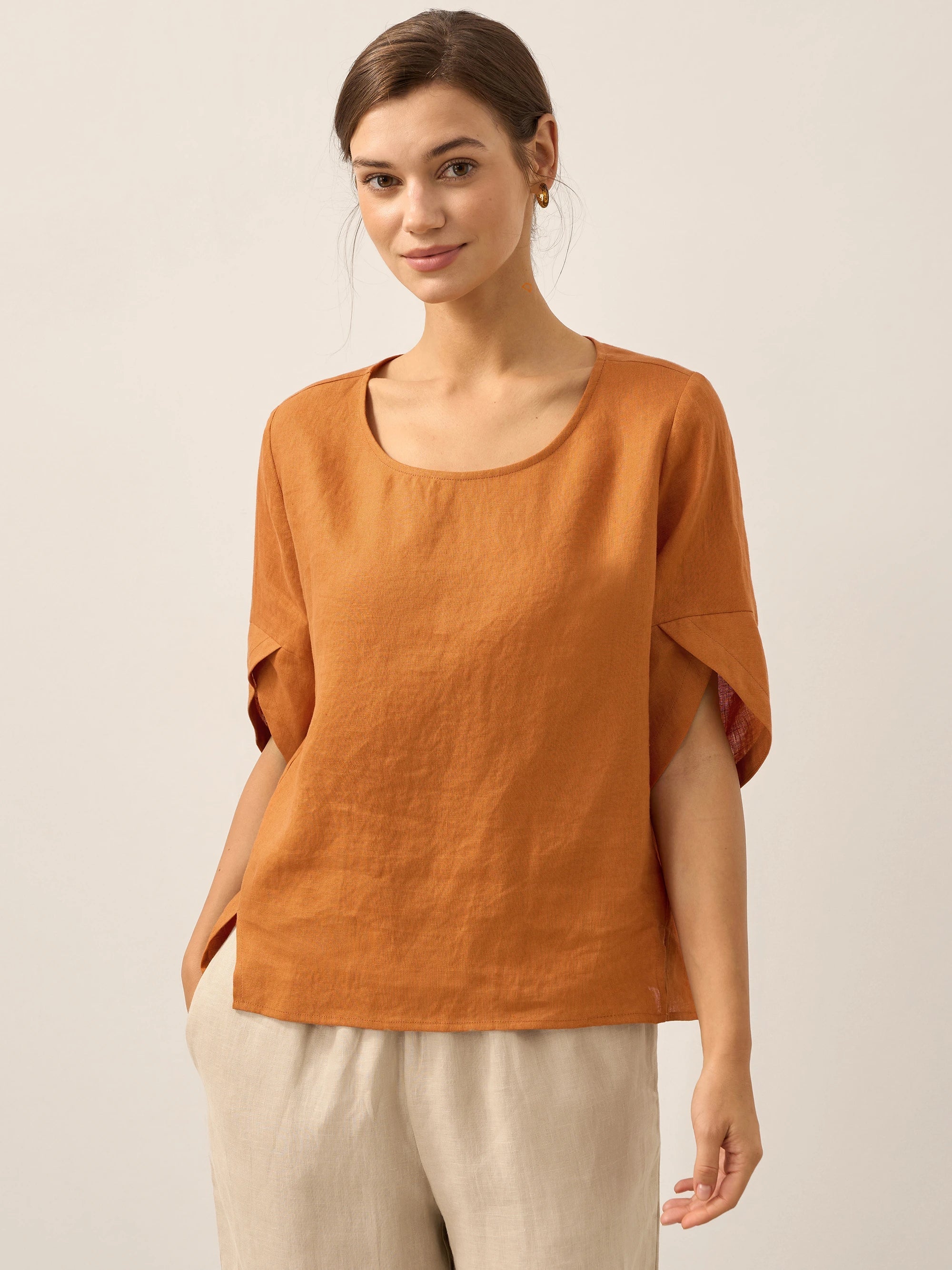 100% Linen Round Neck Petal-Sleeve Pullover LAUREL by LINTICO