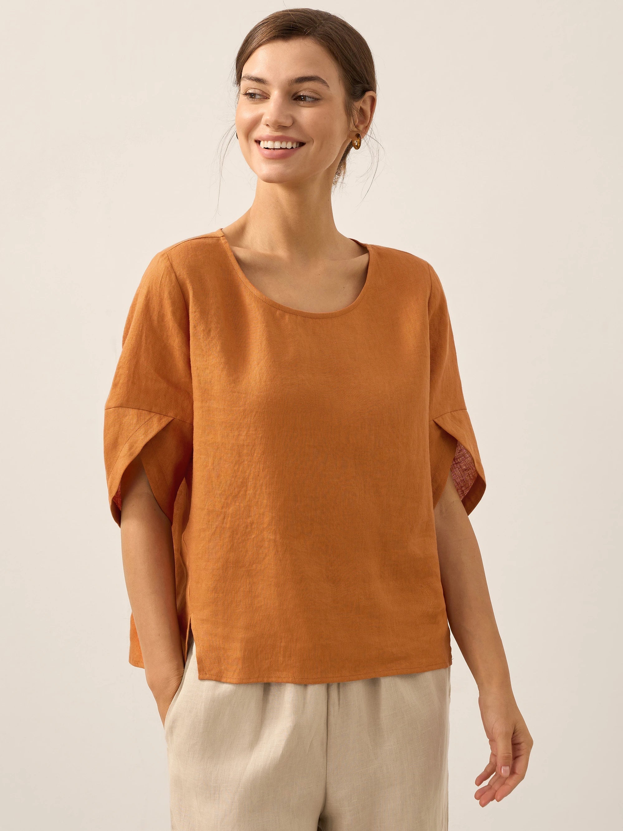 100% Linen Round Neck Petal-Sleeve Pullover LAUREL by LINTICO