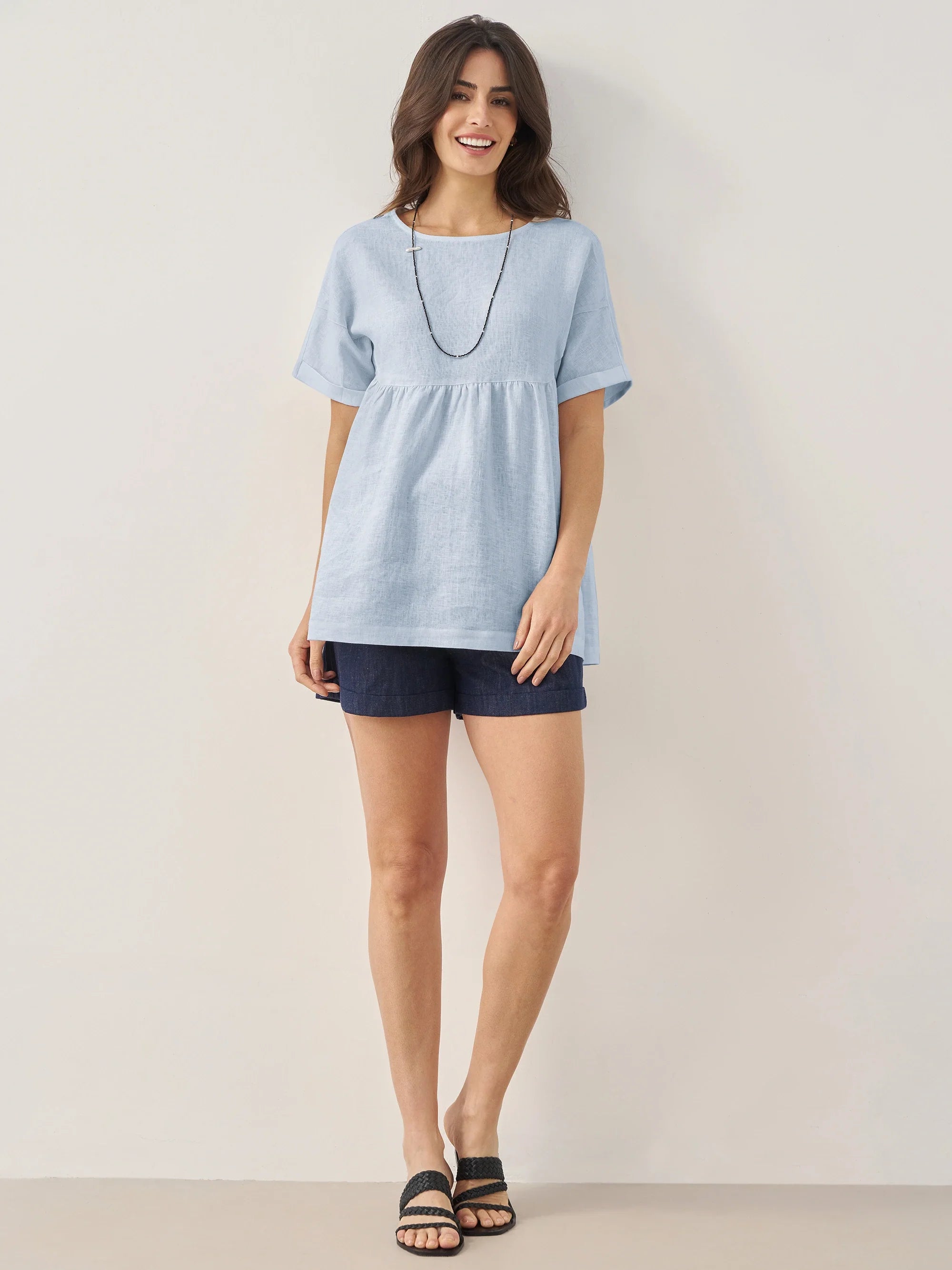 100% Linen Round Neck Pleated Pullover Top QUINLAN by LINTICO