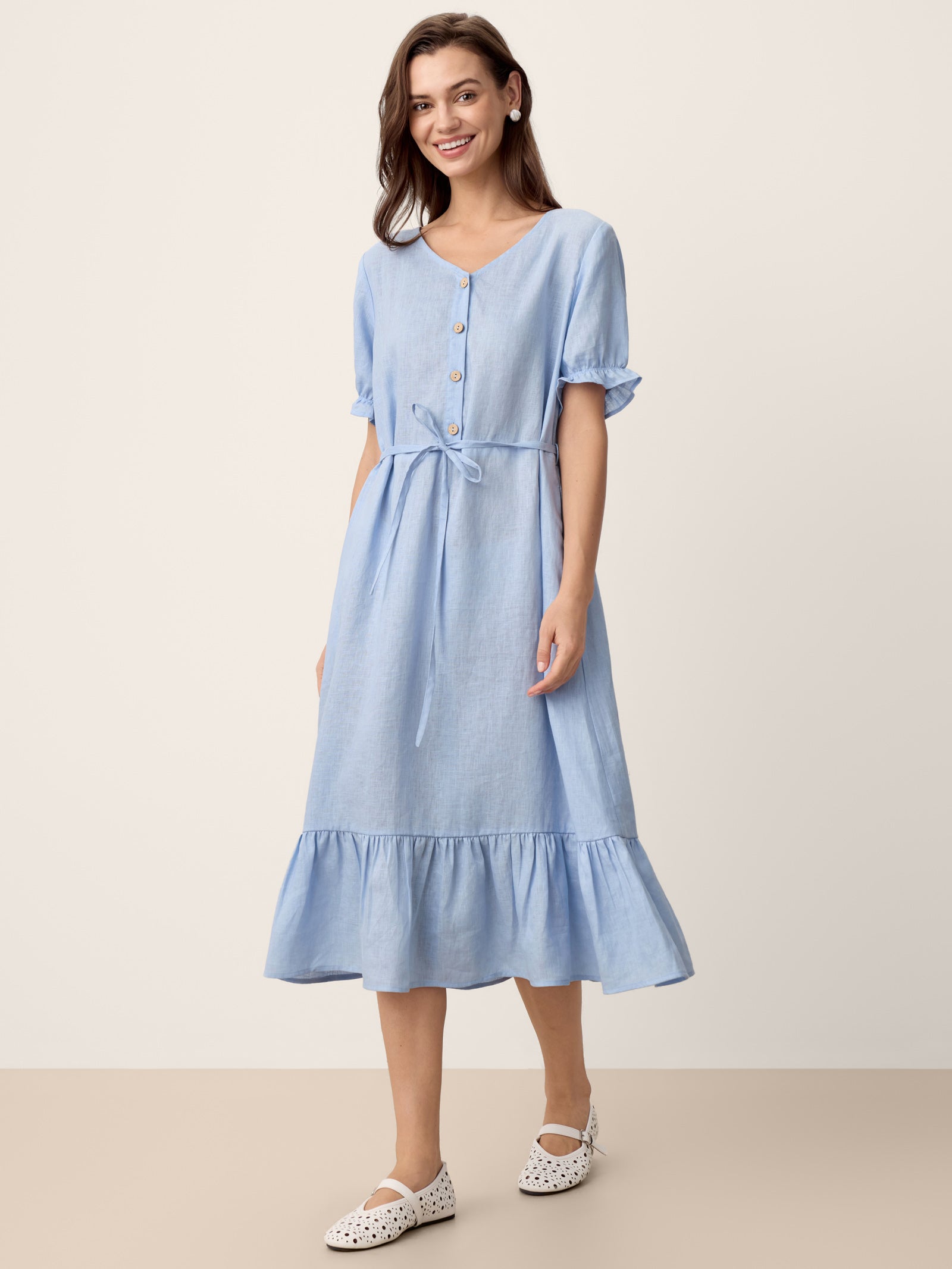 100% Linen Ruffle-Trim Belted Midi Dress LIVARA by LINTICO