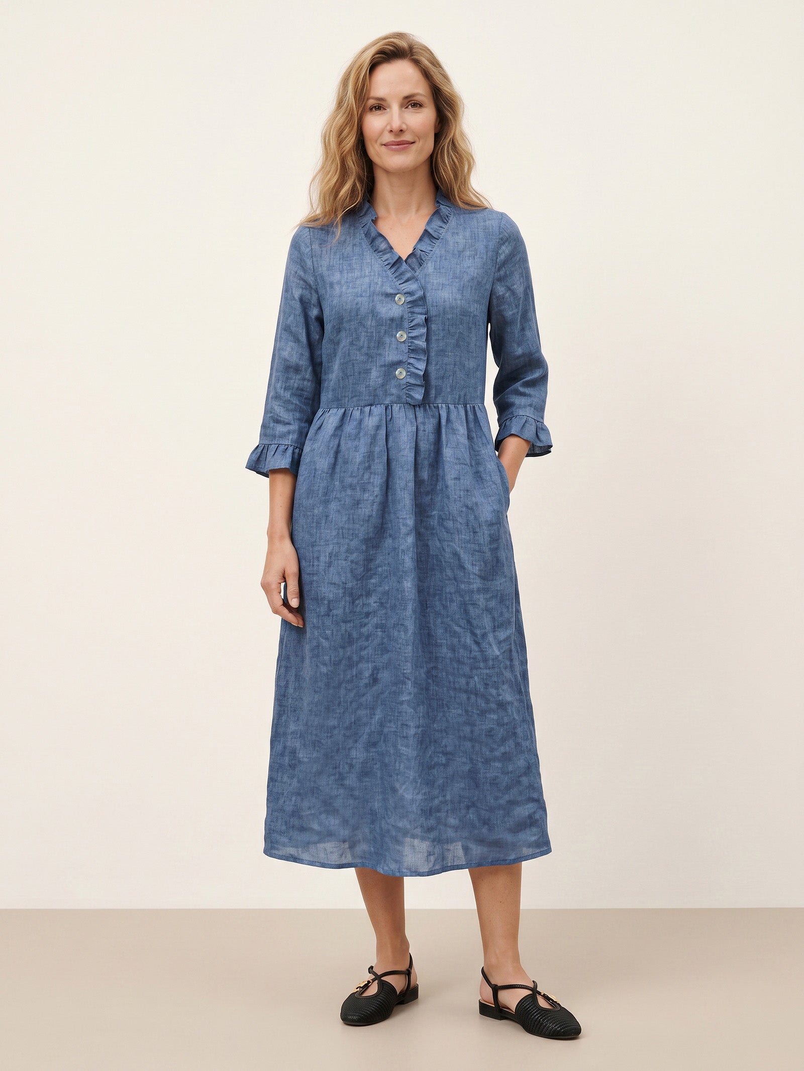 100% Linen Ruffle Placket A-Line Midi Dress SAMARA DestGlow
