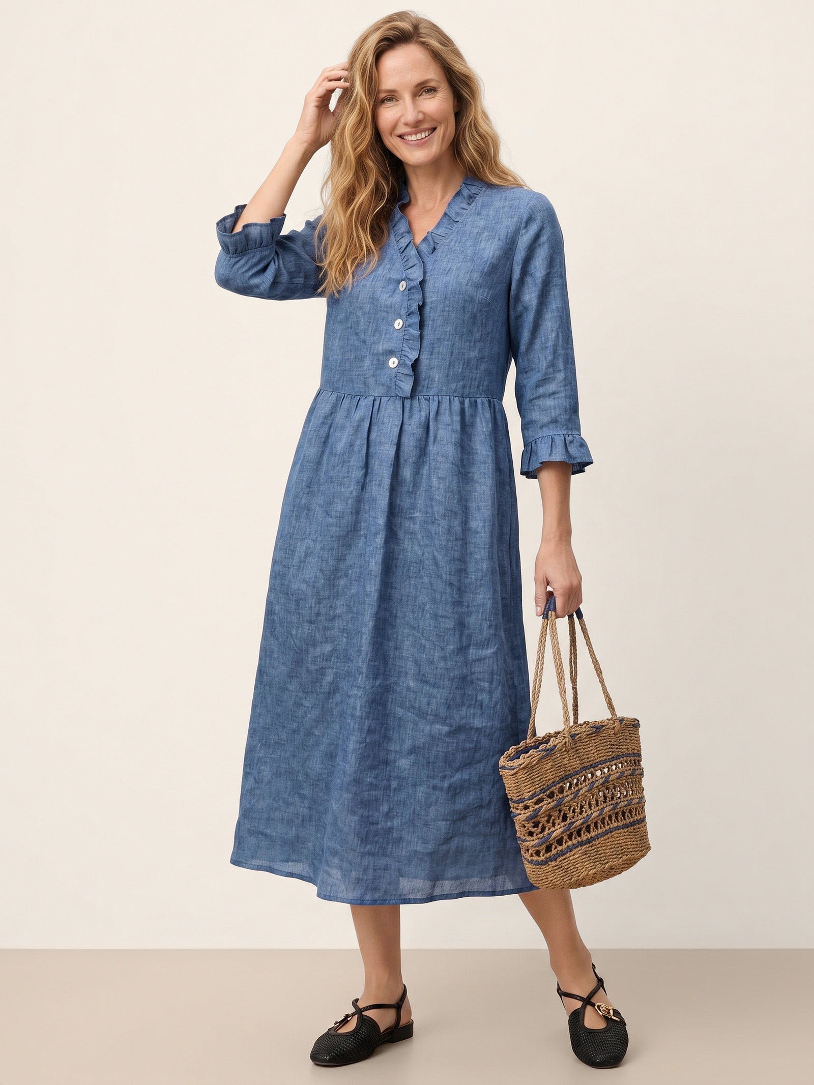 100% Linen Ruffle Placket A-Line Midi Dress SAMARA DestGlow