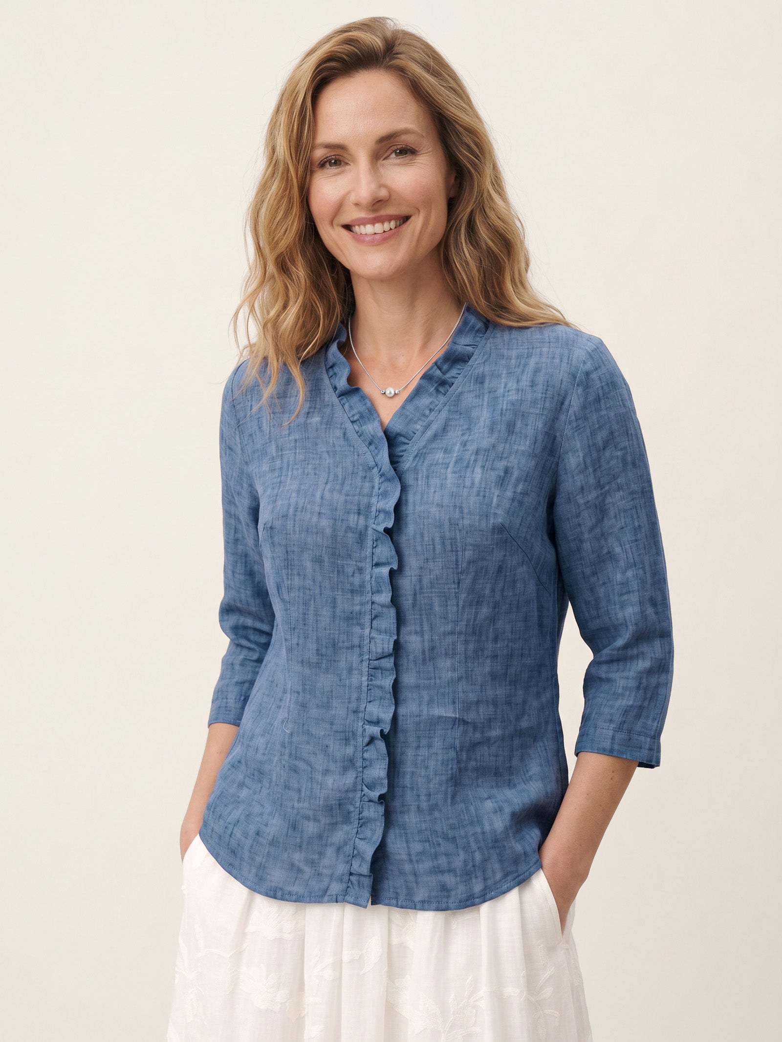 100% Linen Ruffle Placket V-Neck Shirt RENATA DestGlow
