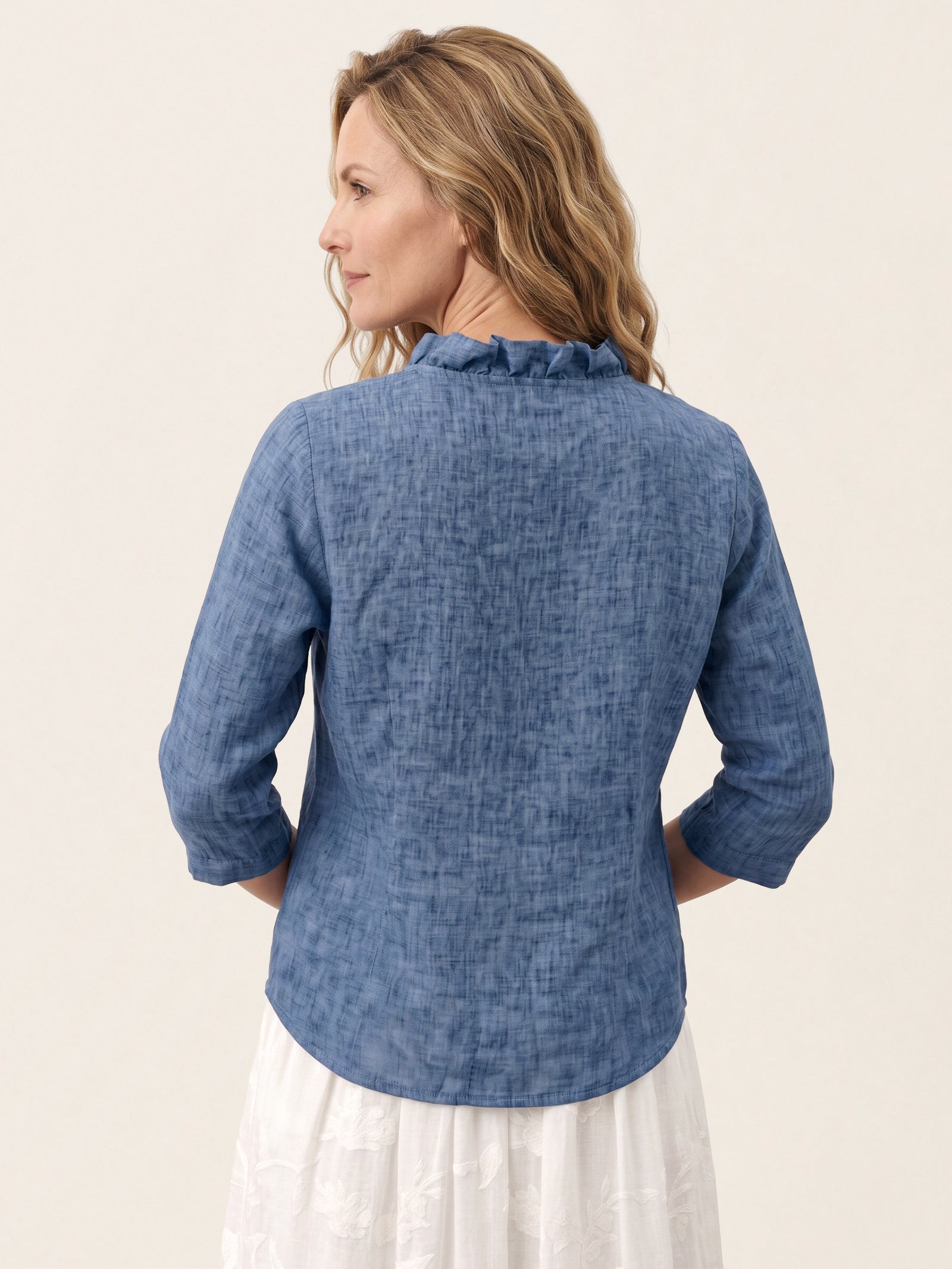 100% Linen Ruffle Placket V-Neck Shirt RENATA DestGlow