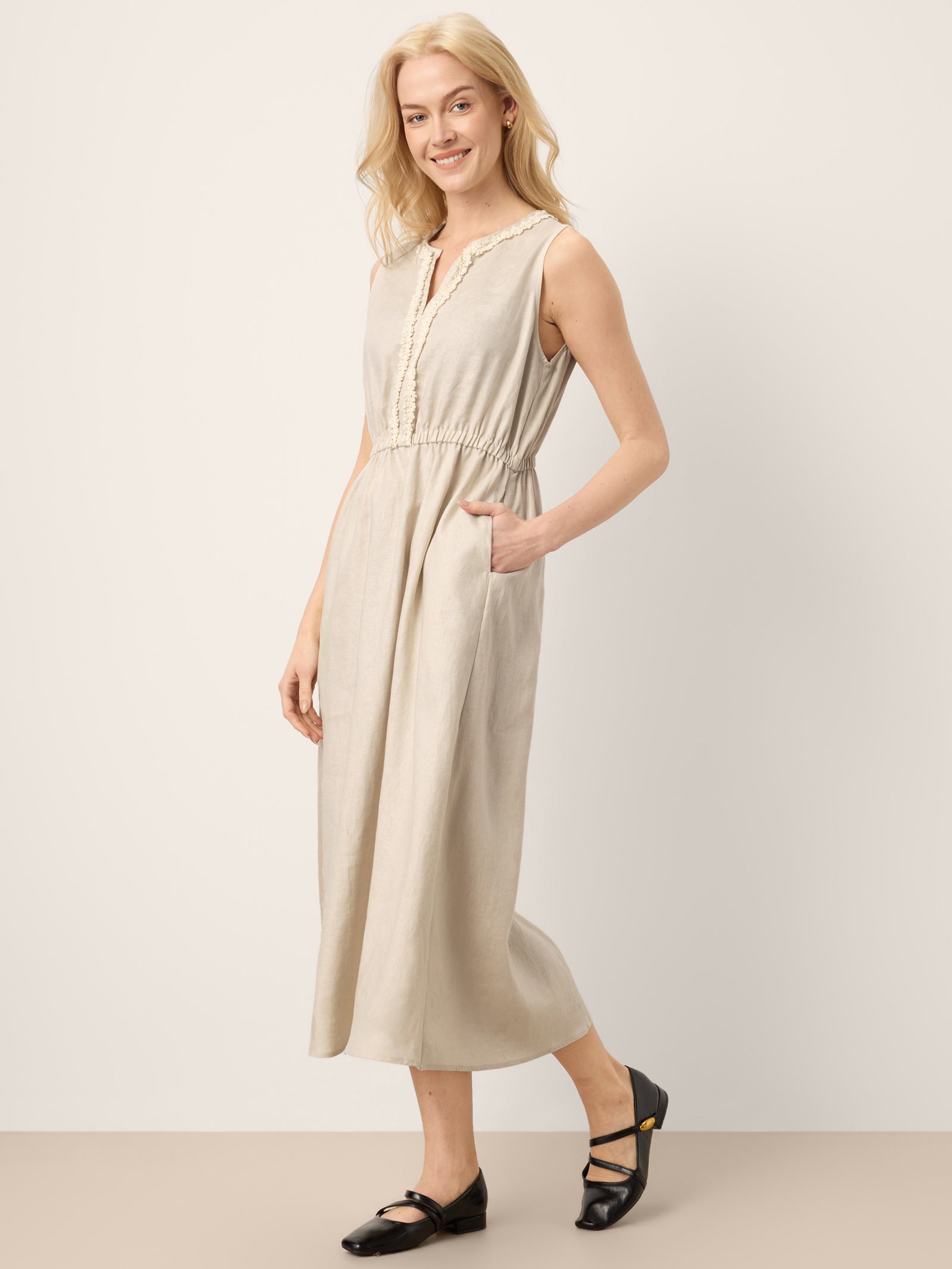 100% Linen Ruffle Trim Elasticated Waist Sleeveless Midi Dress LUCINDA by LINTICO