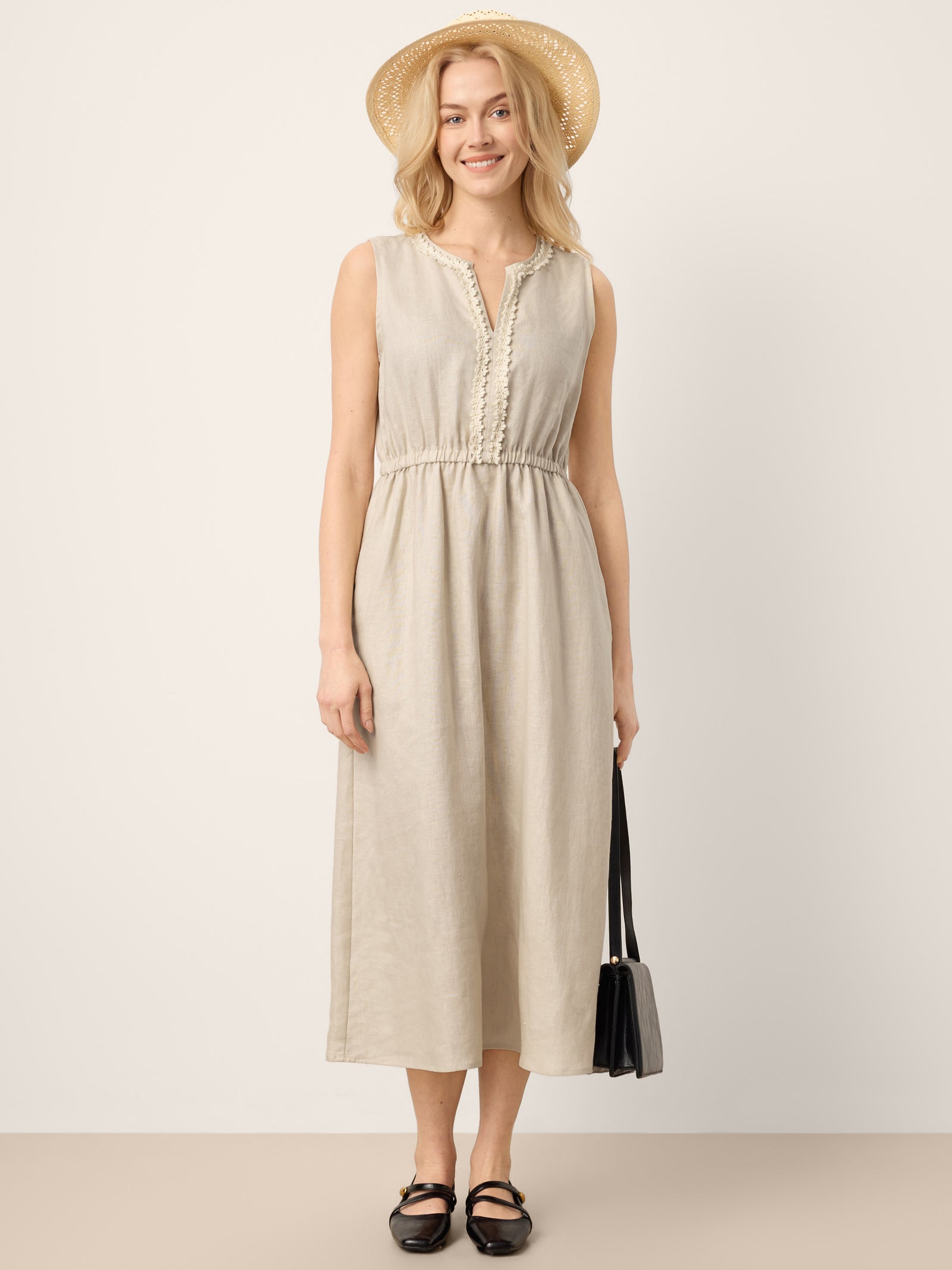 100% Linen Ruffle Trim Elasticated Waist Sleeveless Midi Dress LUCINDA by LINTICO