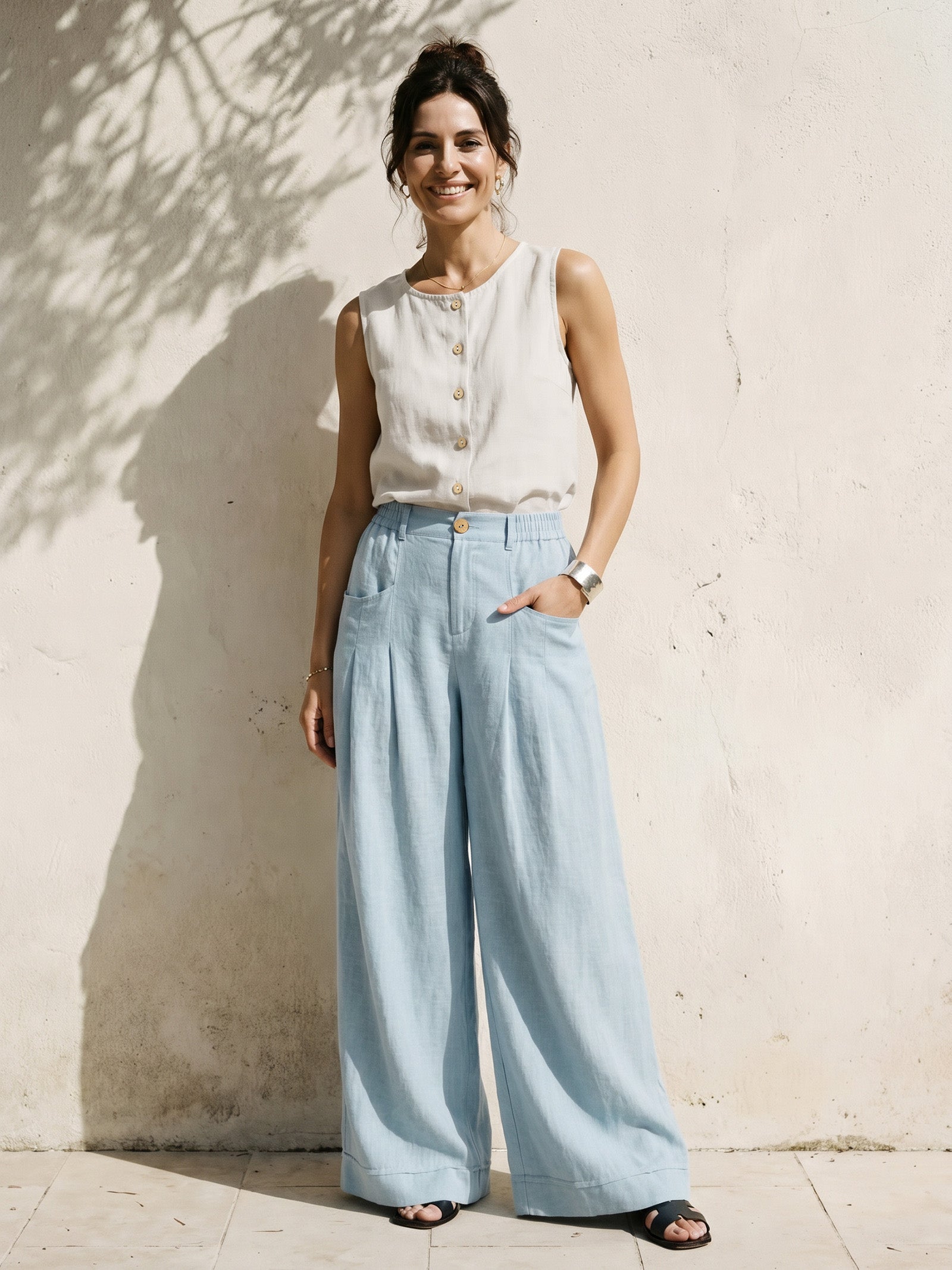 100% Linen Sculpted Pleat Elasticated Back Relaxed Pants VERIDIANA DestGlow