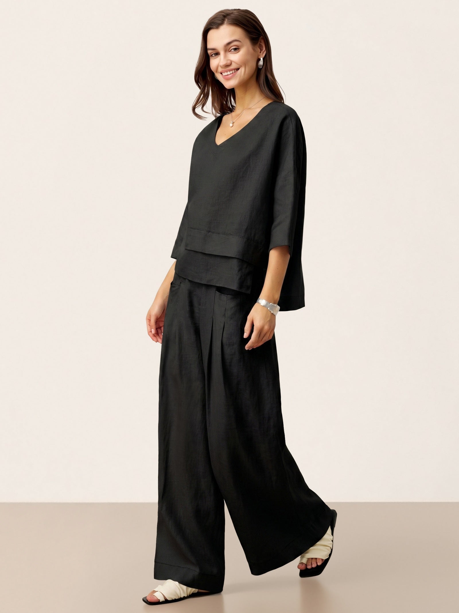 100% Linen Sculpted Pleat Elasticated Back Relaxed Pants VERIDIANA by LINTICO