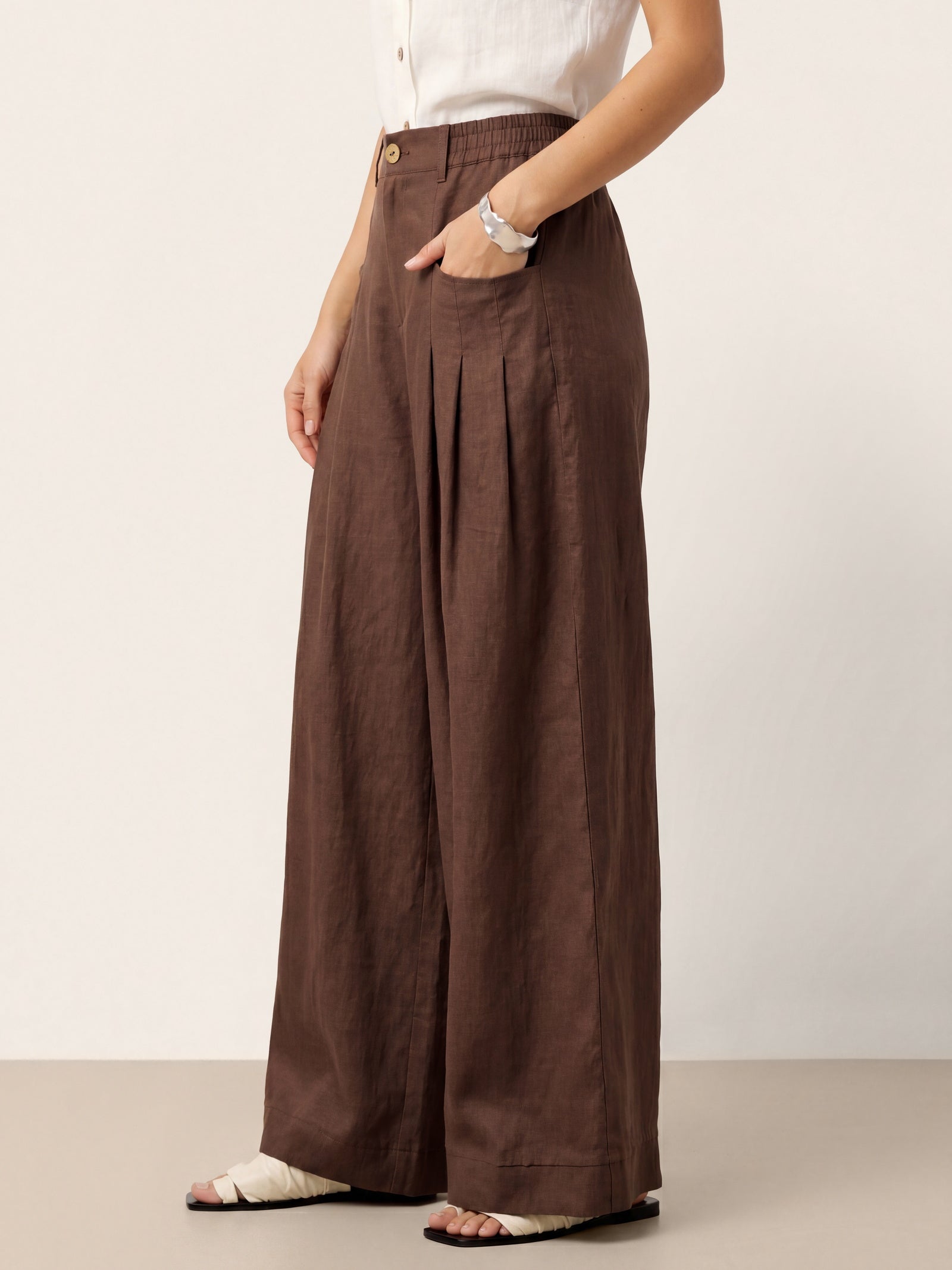 100% Linen Sculpted Pleat Elasticated Back Relaxed Pants VERIDIANA DestGlow