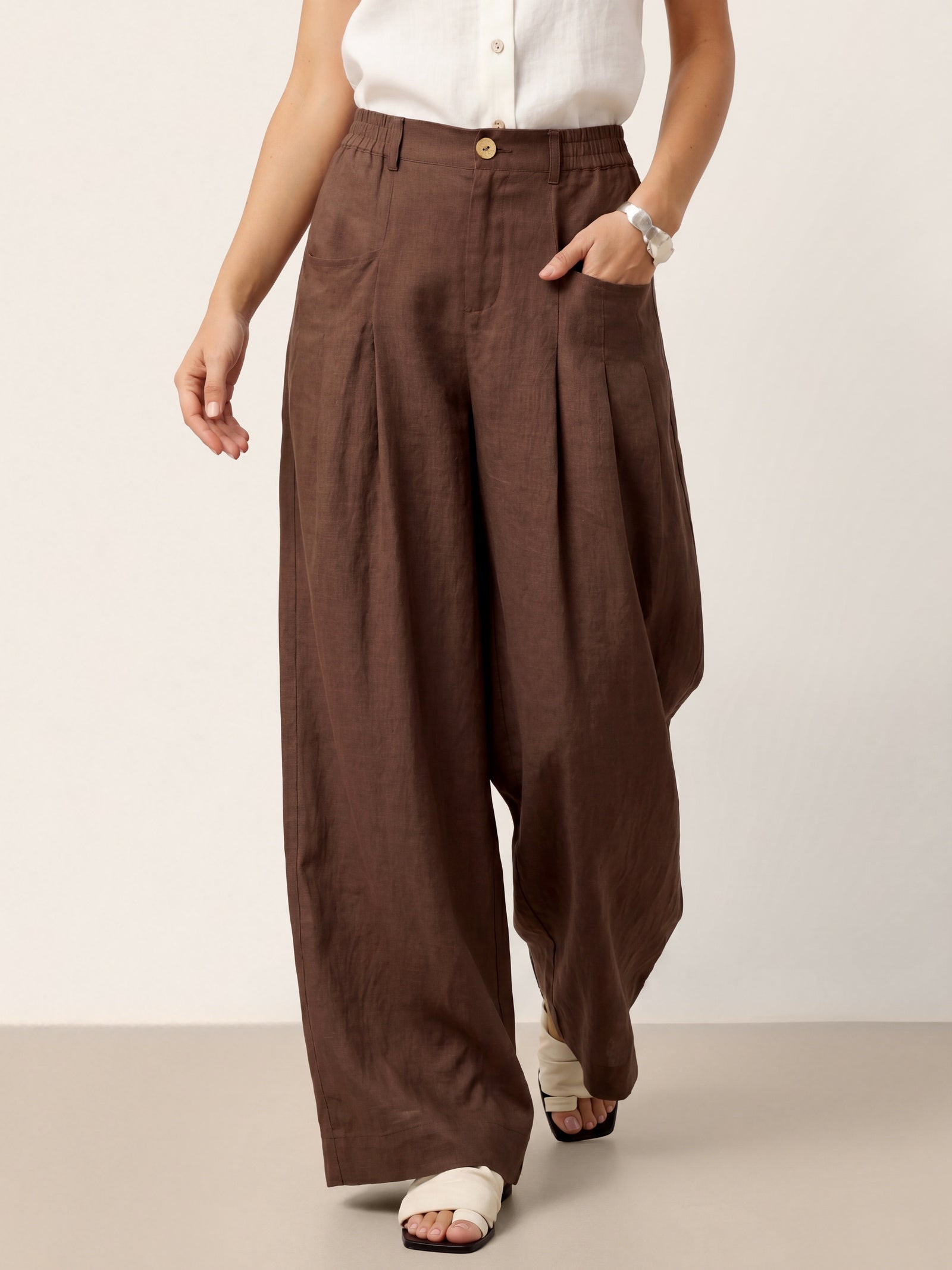 100% Linen Sculpted Pleat Elasticated Back Relaxed Pants VERIDIANA DestGlow