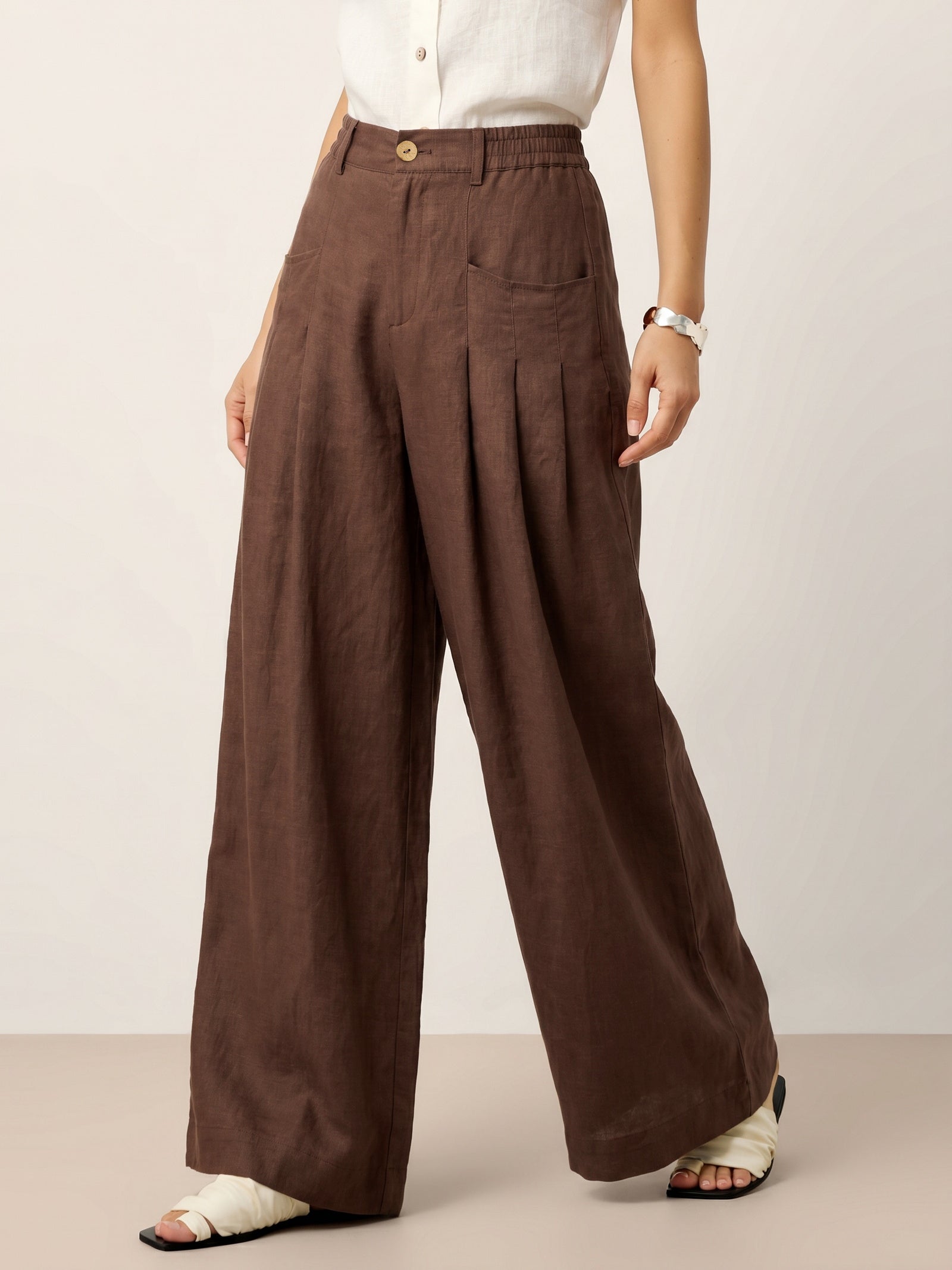 100% Linen Sculpted Pleat Elasticated Back Relaxed Pants VERIDIANA DestGlow