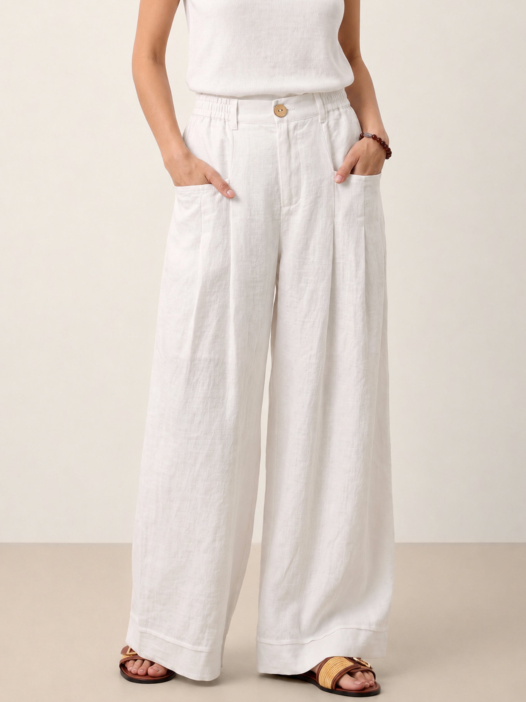 100% Linen Sculpted Pleat Elasticated Back Relaxed Pants VERIDIANA DestGlow