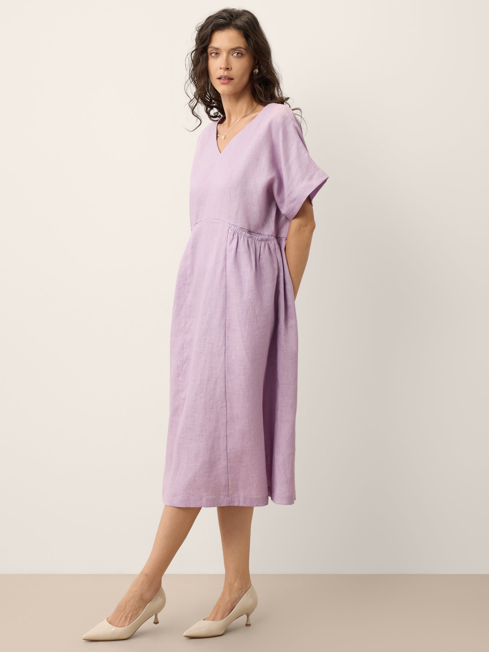 100% Linen Sculpted Waist Batwing Midi Dress TIVIA by LINTICO