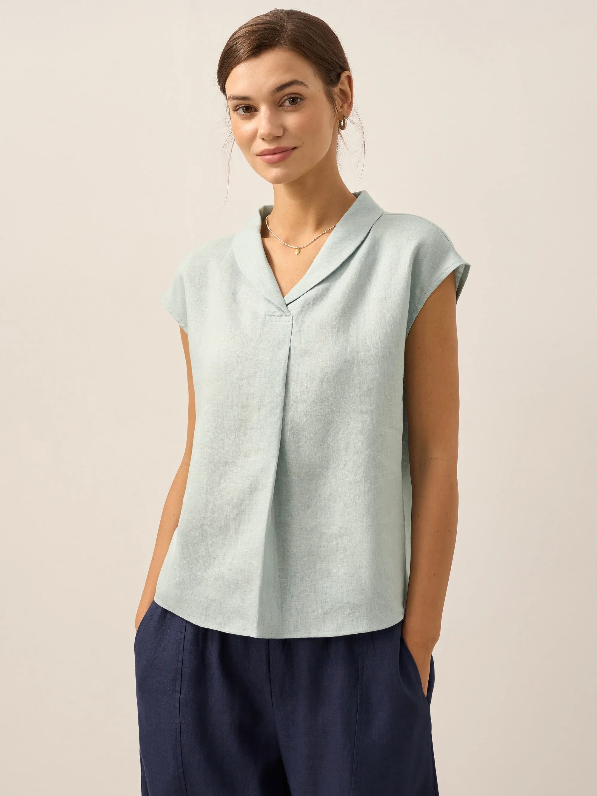 100% Linen Shawl V-Neck Cap Sleeves Top ELARA by LINTICO