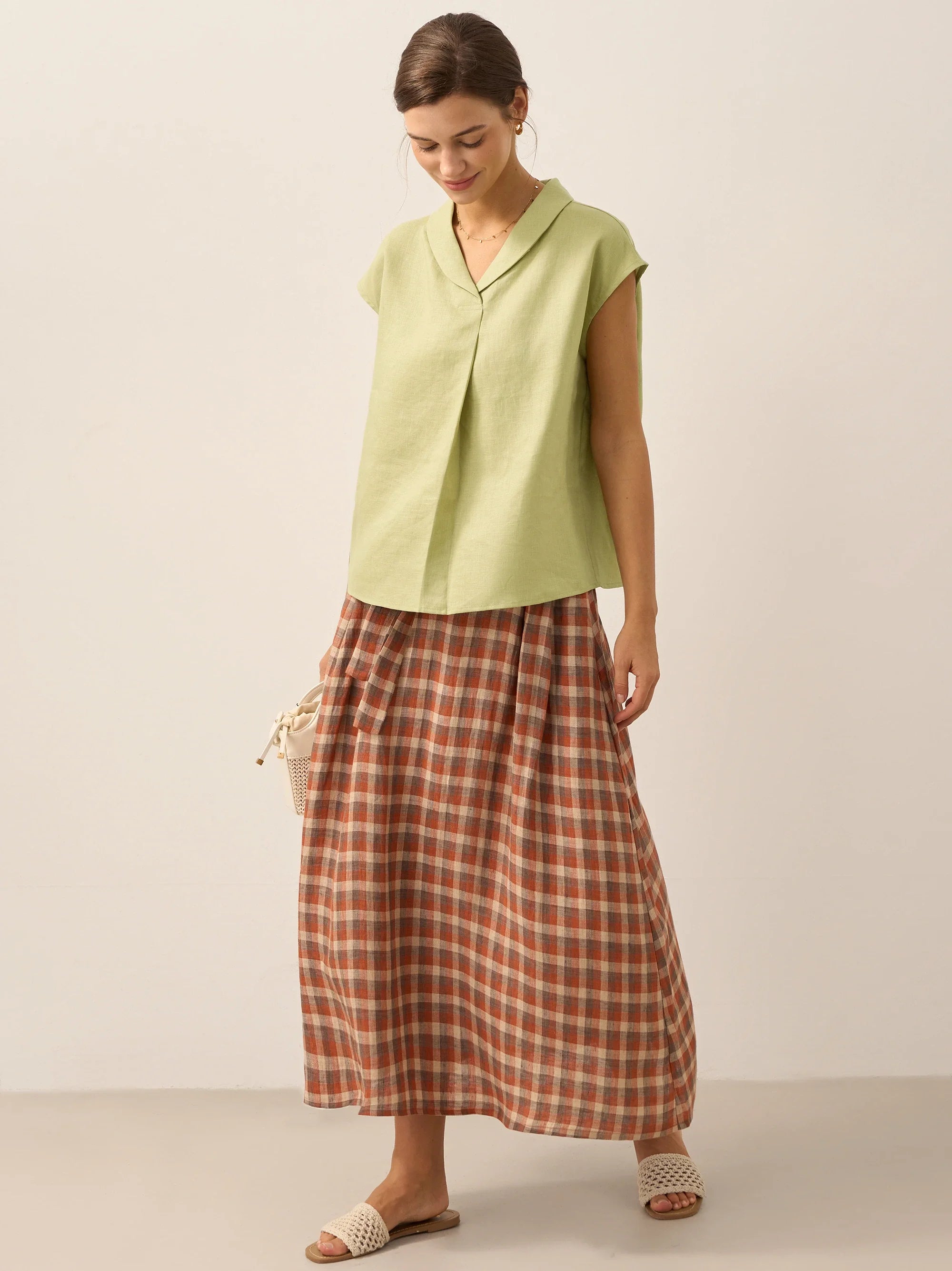 100% Linen Shawl V-Neck Cap Sleeves Top ELARA by LINTICO