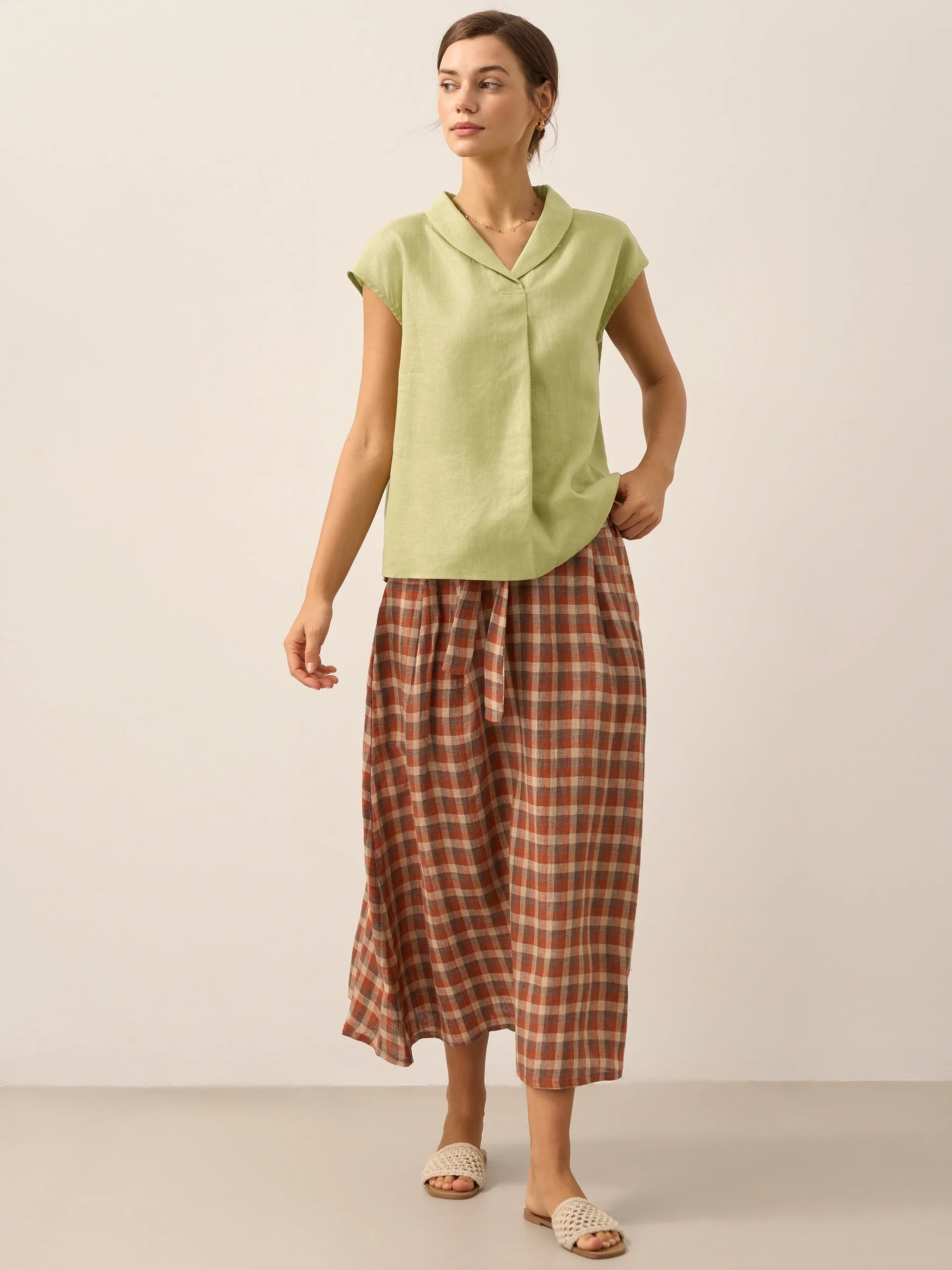 100% Linen Shawl V-Neck Cap Sleeves Top ELARA by LINTICO