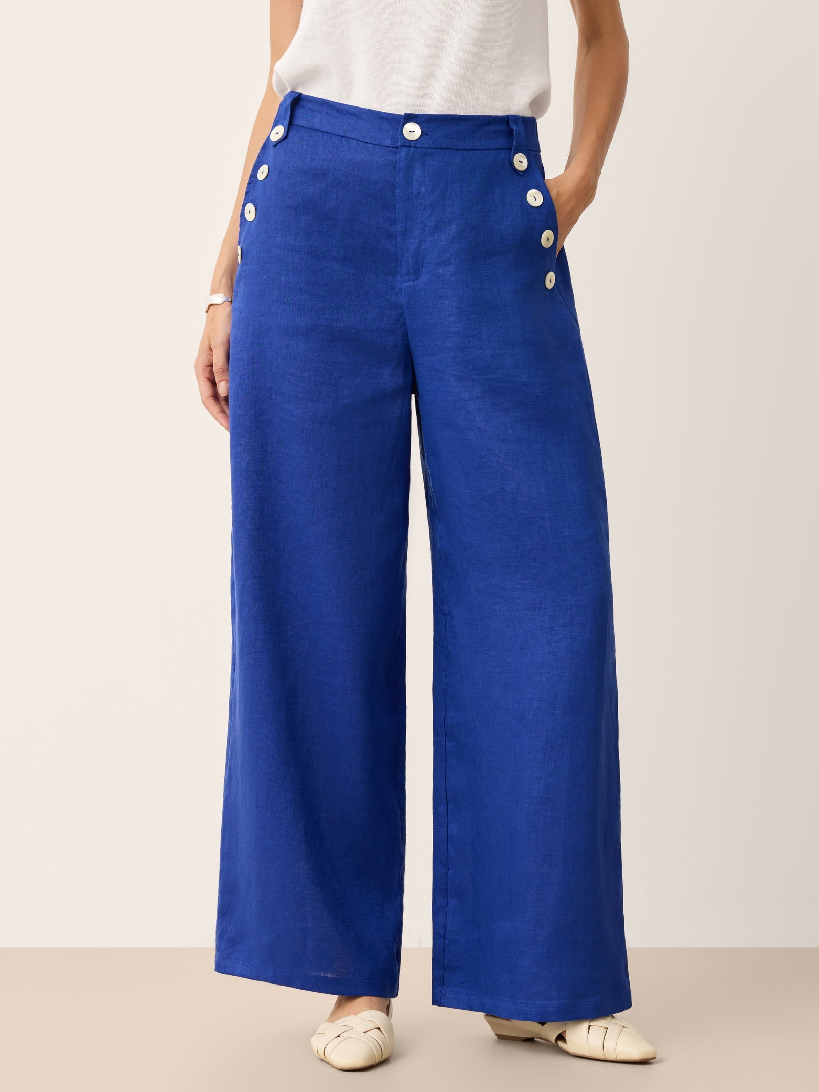 100% Linen Shell Button Elasticated Back Wide-Leg Pants IONE DestGlow