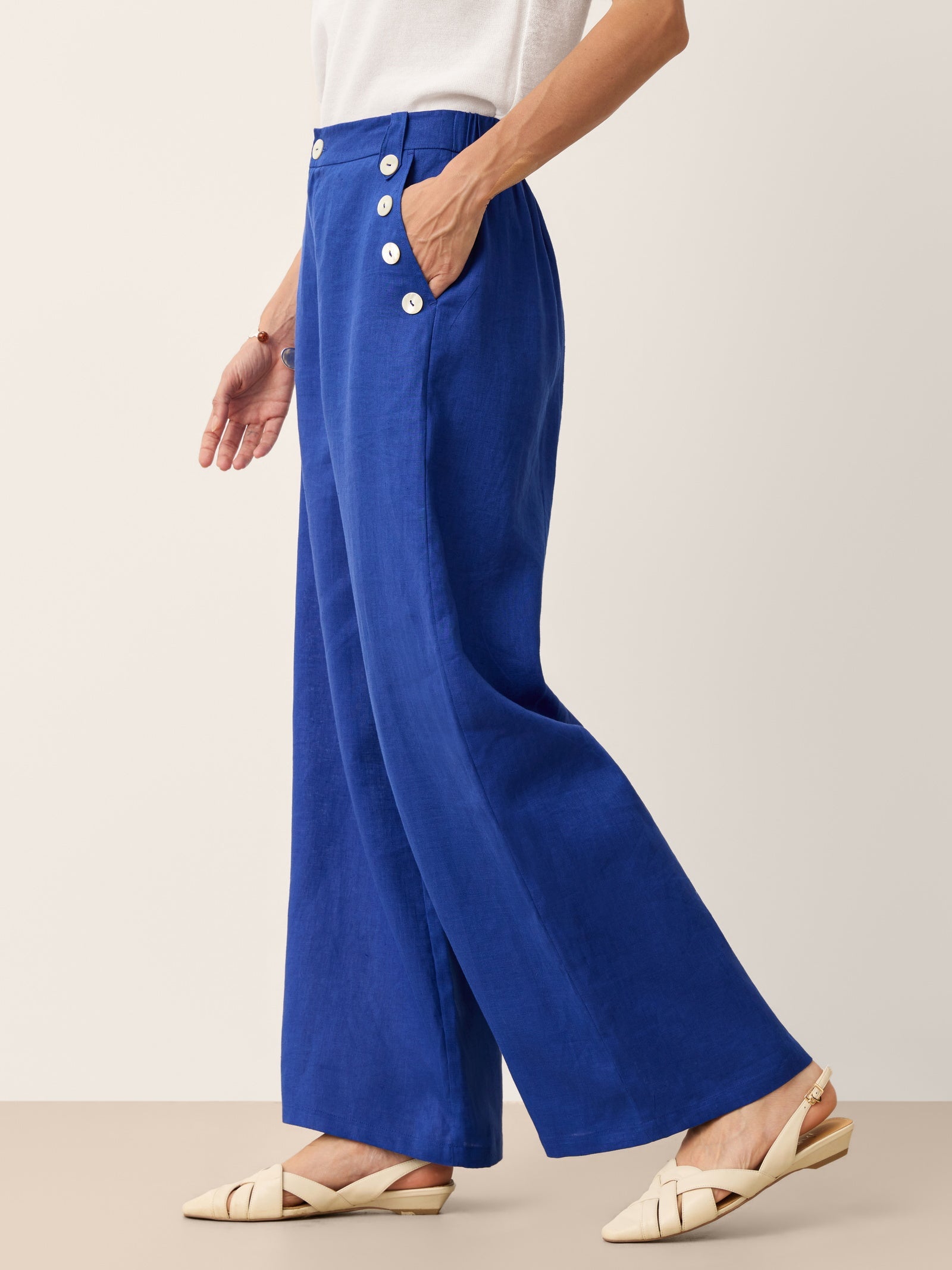 100% Linen Shell Button Elasticated Back Wide-Leg Pants IONE DestGlow