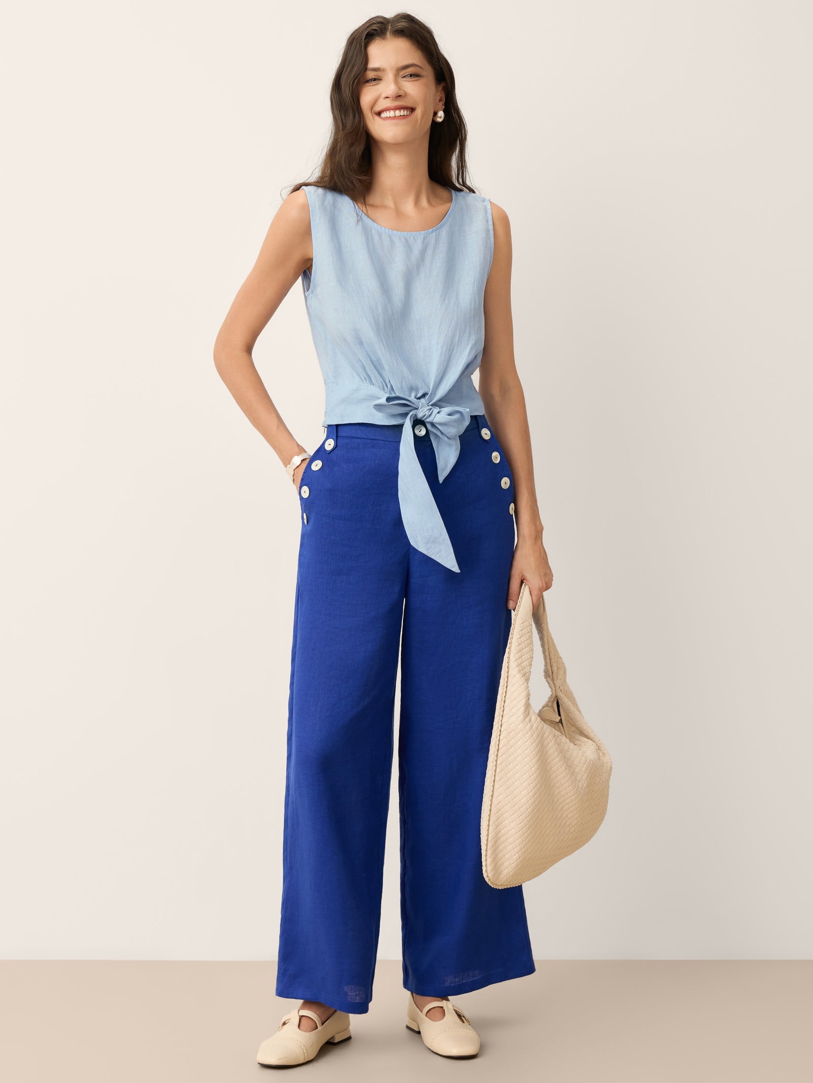 100% Linen Shell Button Elasticated Back Wide-Leg Pants IONE DestGlow
