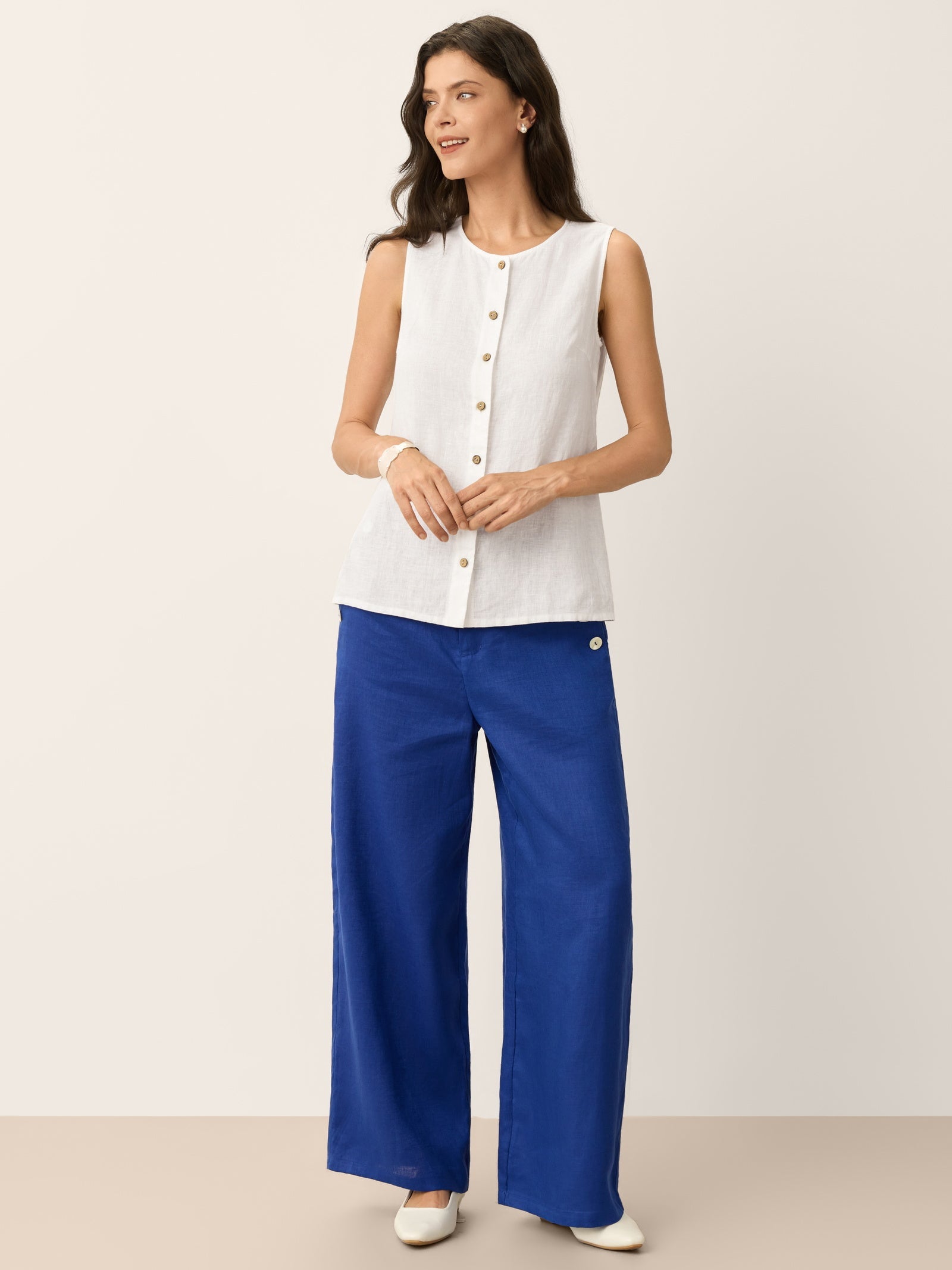 100% Linen Shell Button Elasticated Back Wide-Leg Pants IONE DestGlow