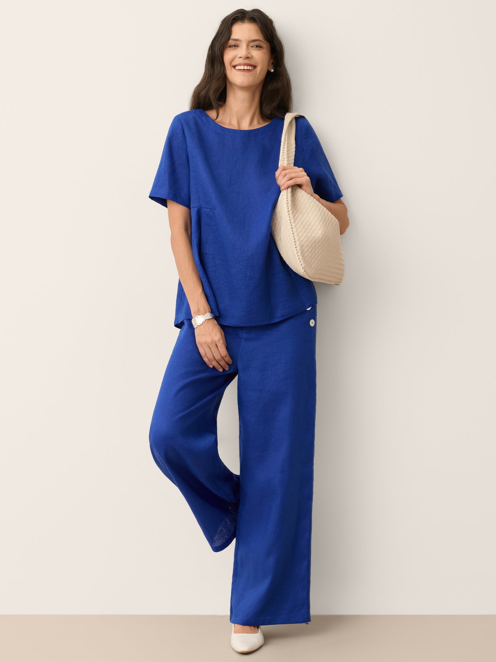 100% Linen Shell Button Elasticated Back Wide-Leg Pants IONE DestGlow