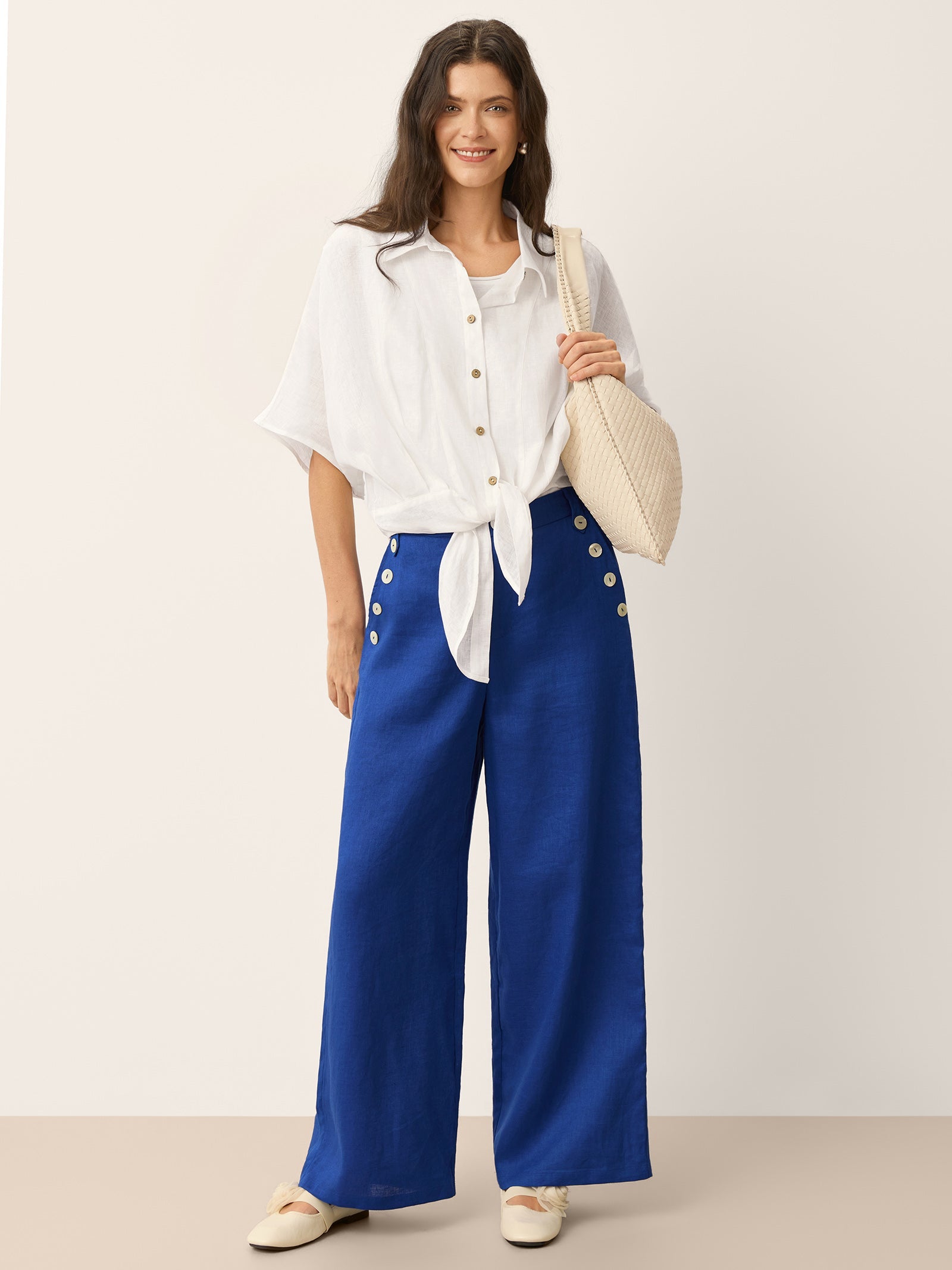 100% Linen Shell Button Elasticated Back Wide-Leg Pants IONE DestGlow