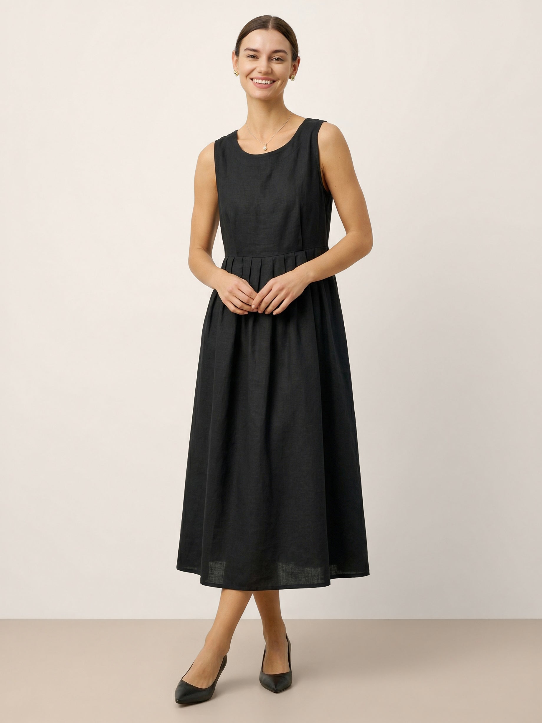 100% Linen Sleeveless Crew Neck Waist Pleated Maxi Dress SELENE by LINTICO