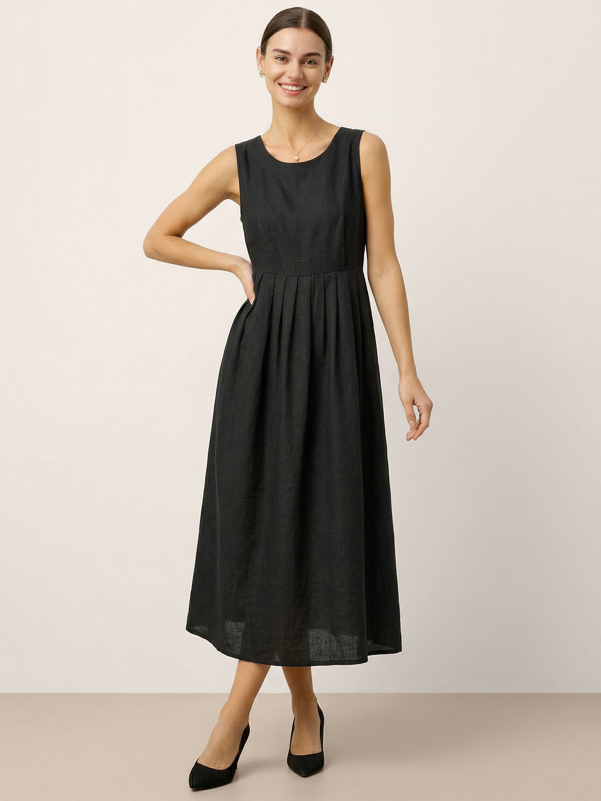 100% Linen Sleeveless Crew Neck Waist Pleated Maxi Dress SELENE by LINTICO