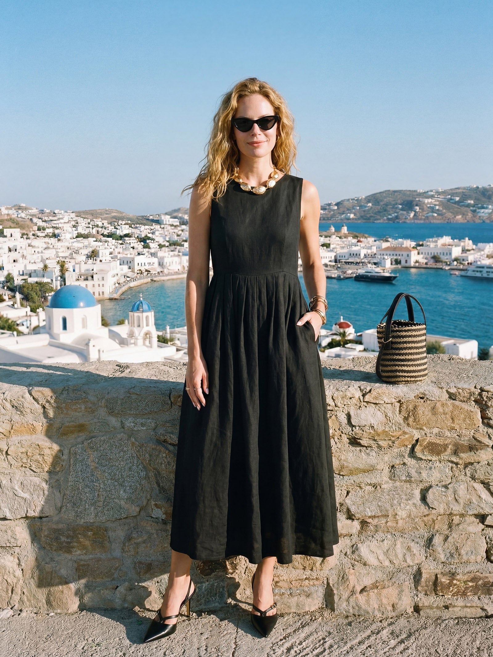 100% Linen Sleeveless Crew Neck Waist Pleated Maxi Dress SELENE by LINTICO