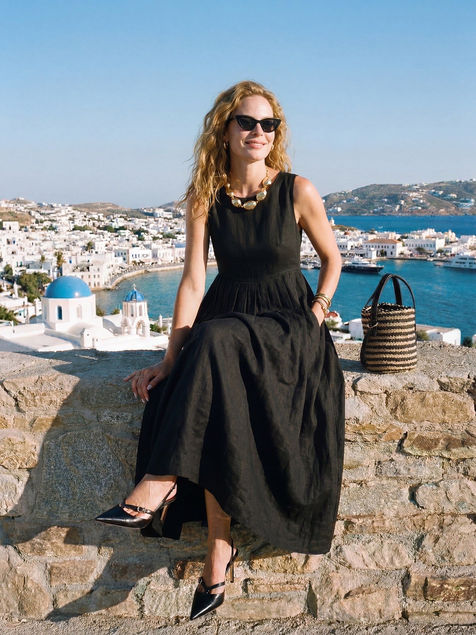 100% Linen Sleeveless Crew Neck Waist Pleated Maxi Dress SELENE by LINTICO