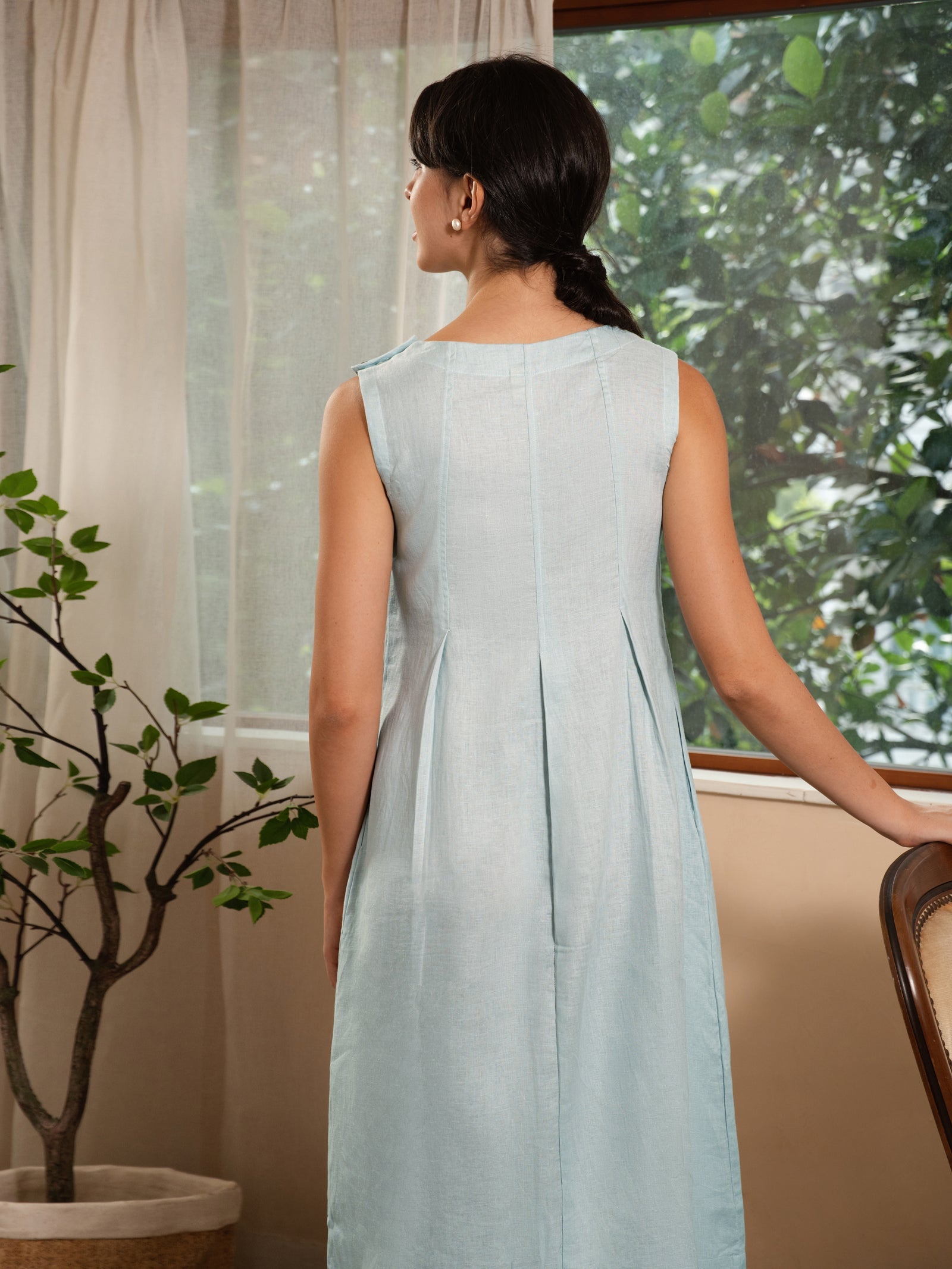 100% Linen Sleeveless Shoulder Button Midi Dress FREYA by LINTICO