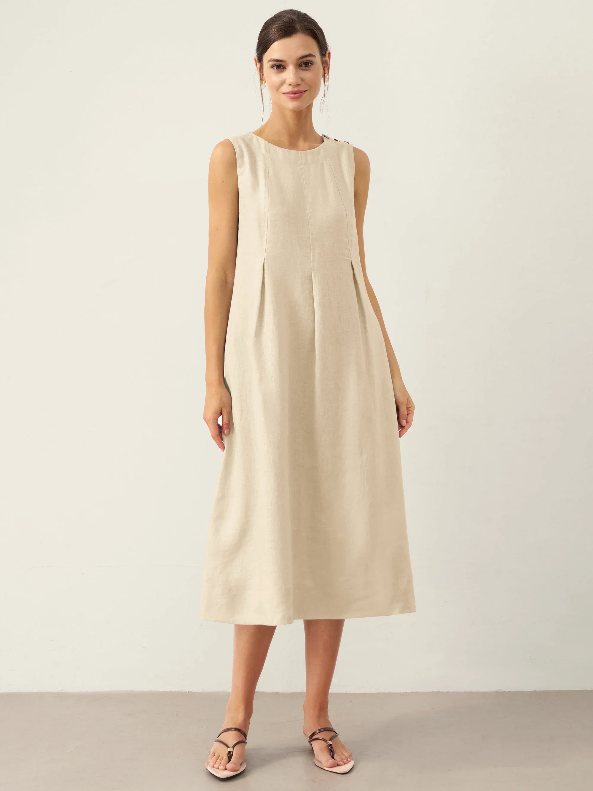 100% Linen Sleeveless Shoulder Button Midi Dress FREYA by LINTICO