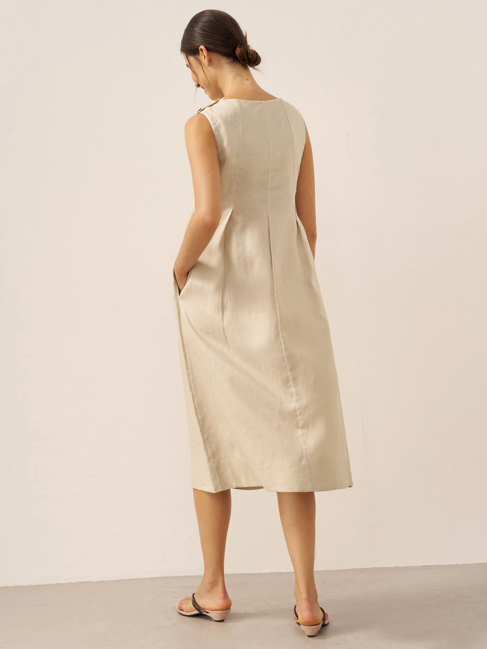 100% Linen Sleeveless Shoulder Button Midi Dress FREYA by LINTICO