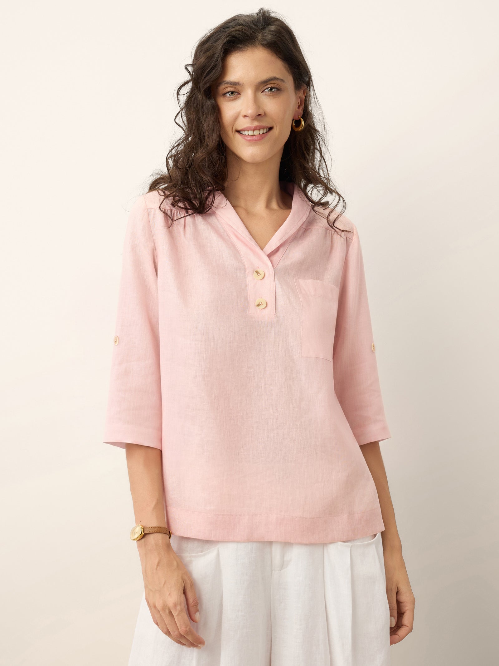 100% Linen Soft Collar Tab Sleeve Top OLGA DestGlow