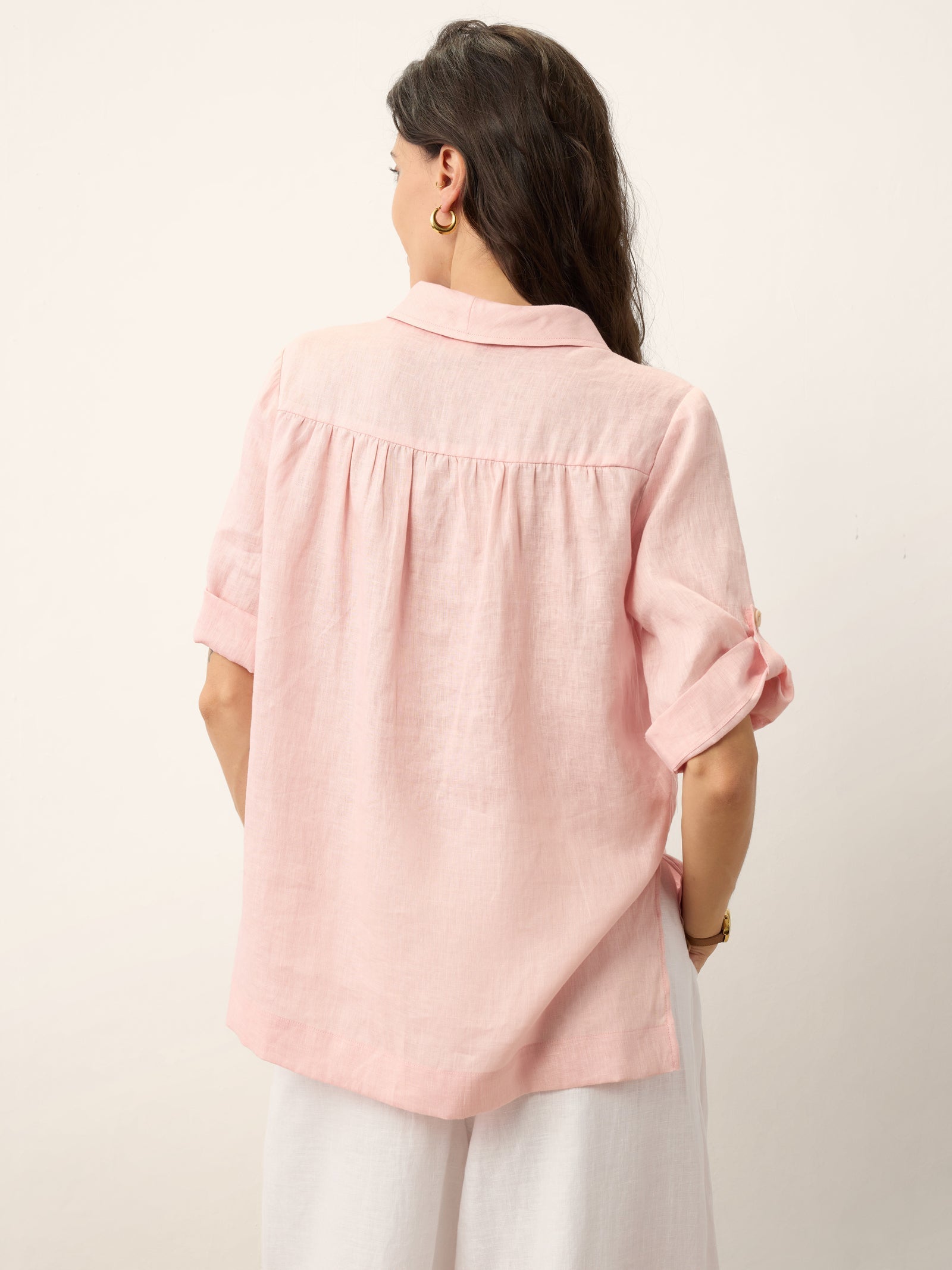 100% Linen Soft Collar Tab Sleeve Top OLGA DestGlow