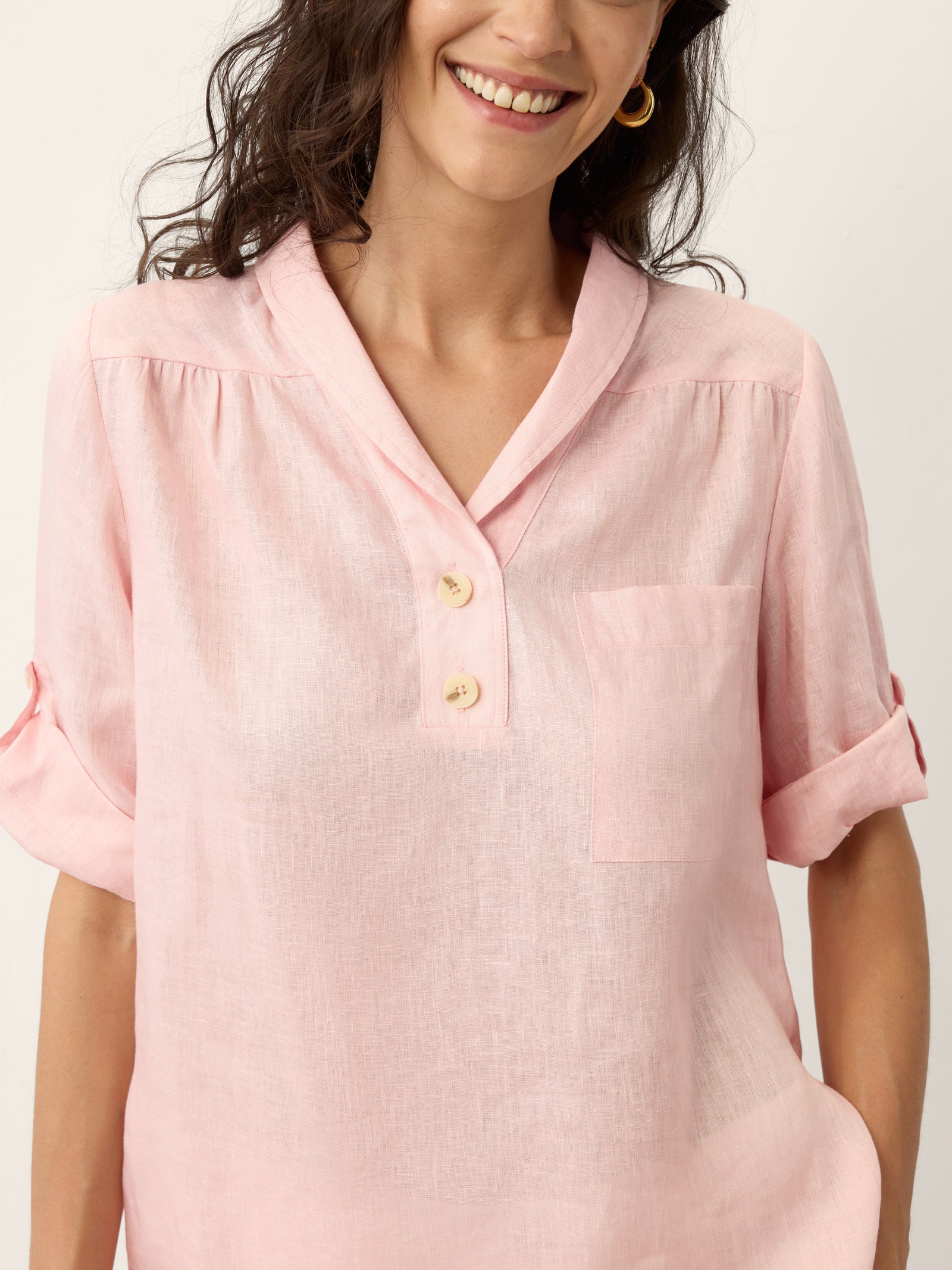 100% Linen Soft Collar Tab Sleeve Top OLGA DestGlow