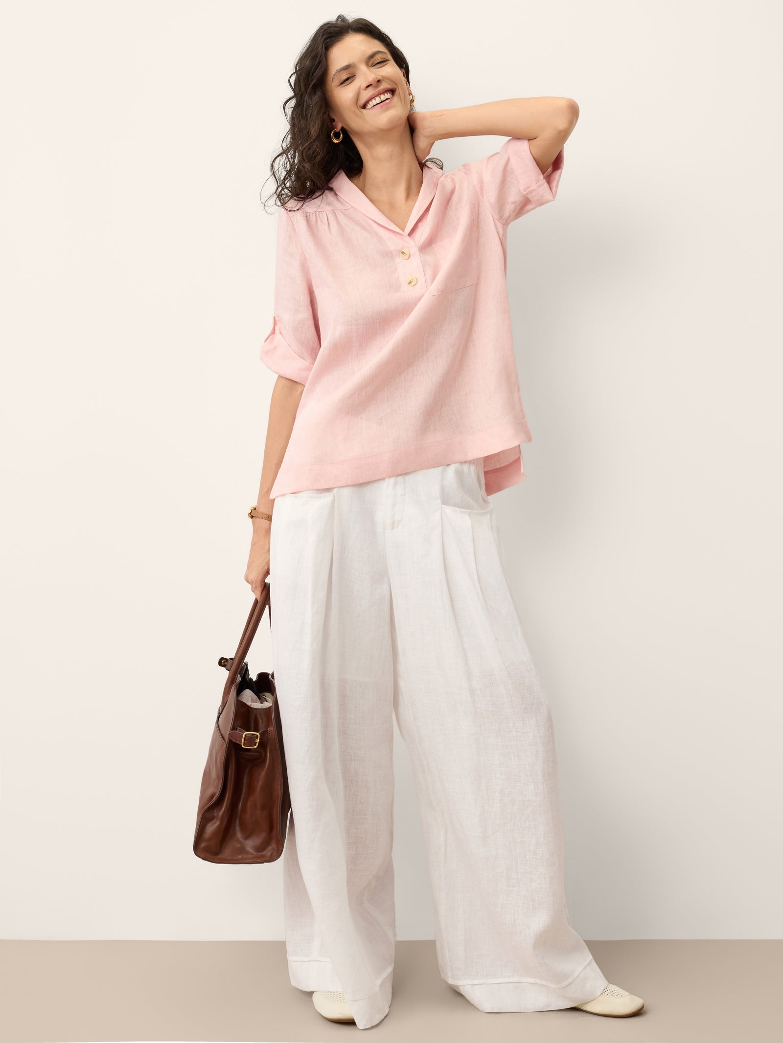 100% Linen Soft Collar Tab Sleeve Top OLGA DestGlow