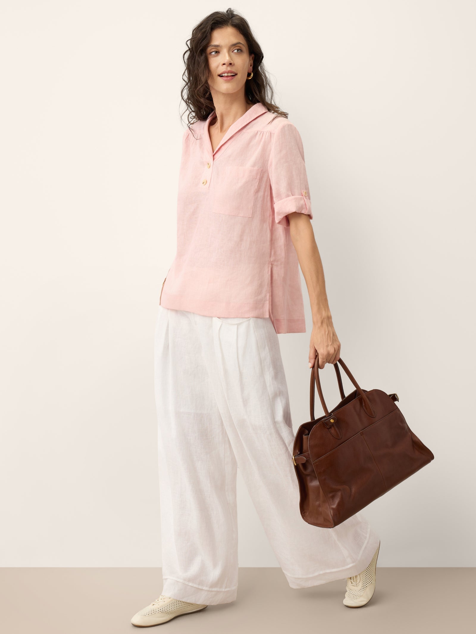 100% Linen Soft Collar Tab Sleeve Top OLGA DestGlow