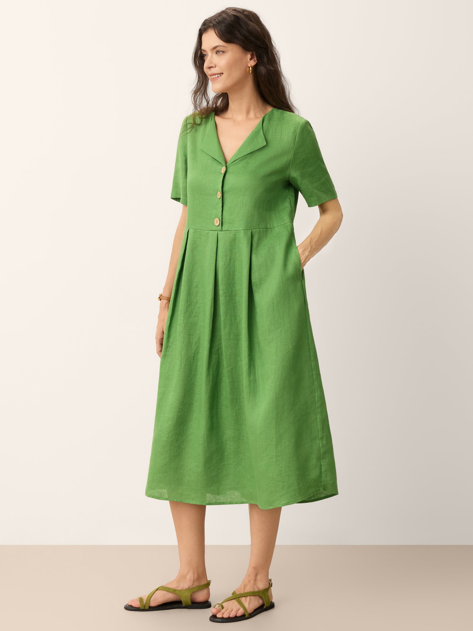 100% Linen Split Neck Button Detail Midi Dress SERAPHINE DestGlow
