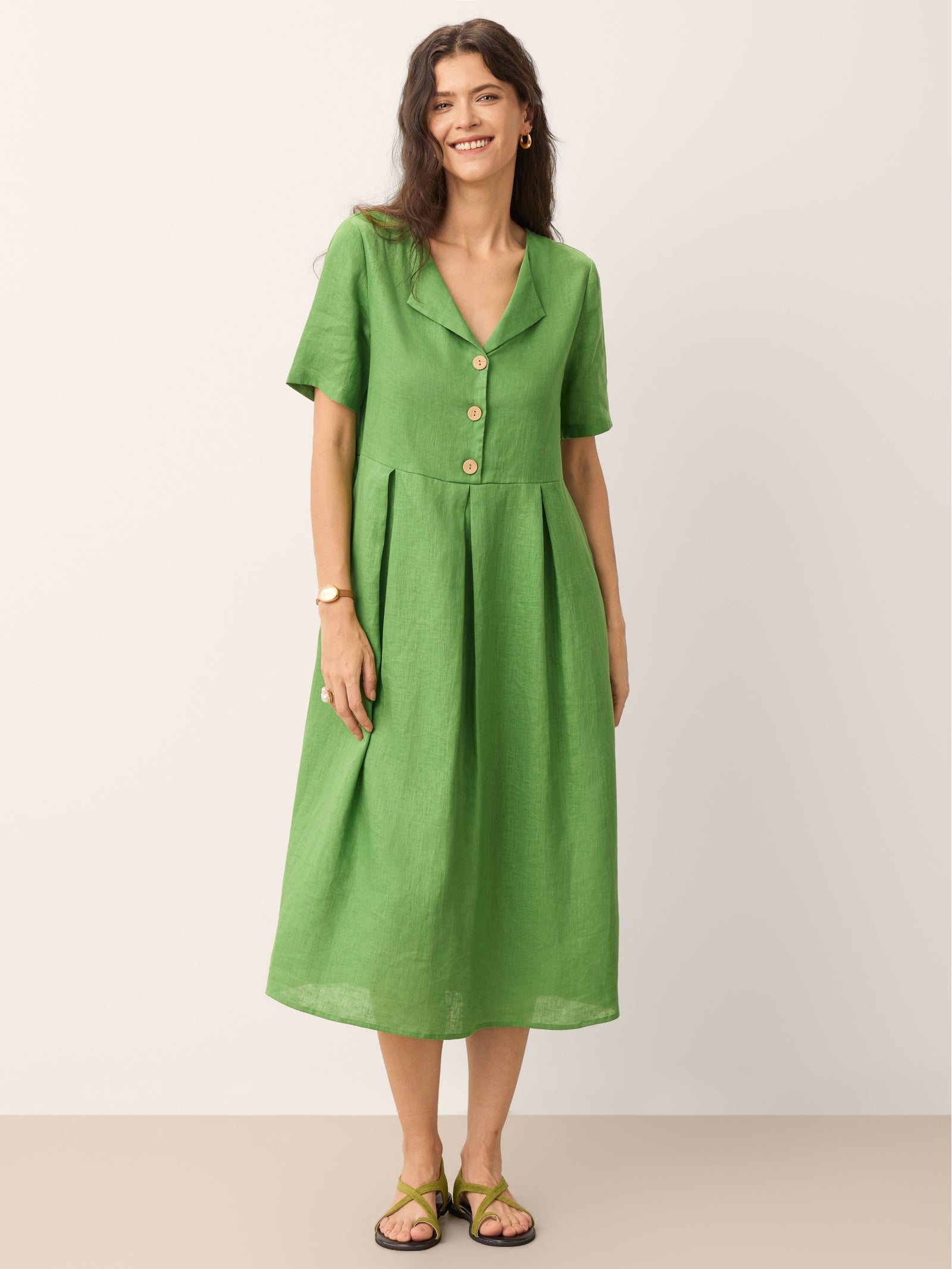 100% Linen Split Neck Button Detail Midi Dress SERAPHINE DestGlow