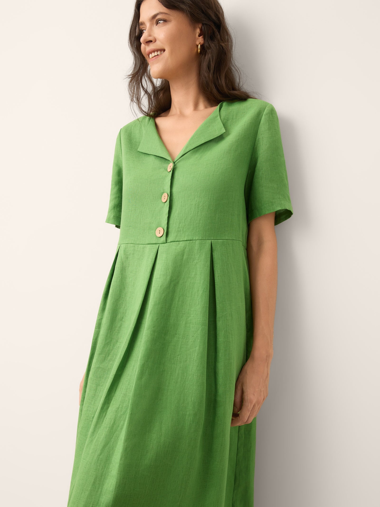 100% Linen Split Neck Button Detail Midi Dress SERAPHINE DestGlow