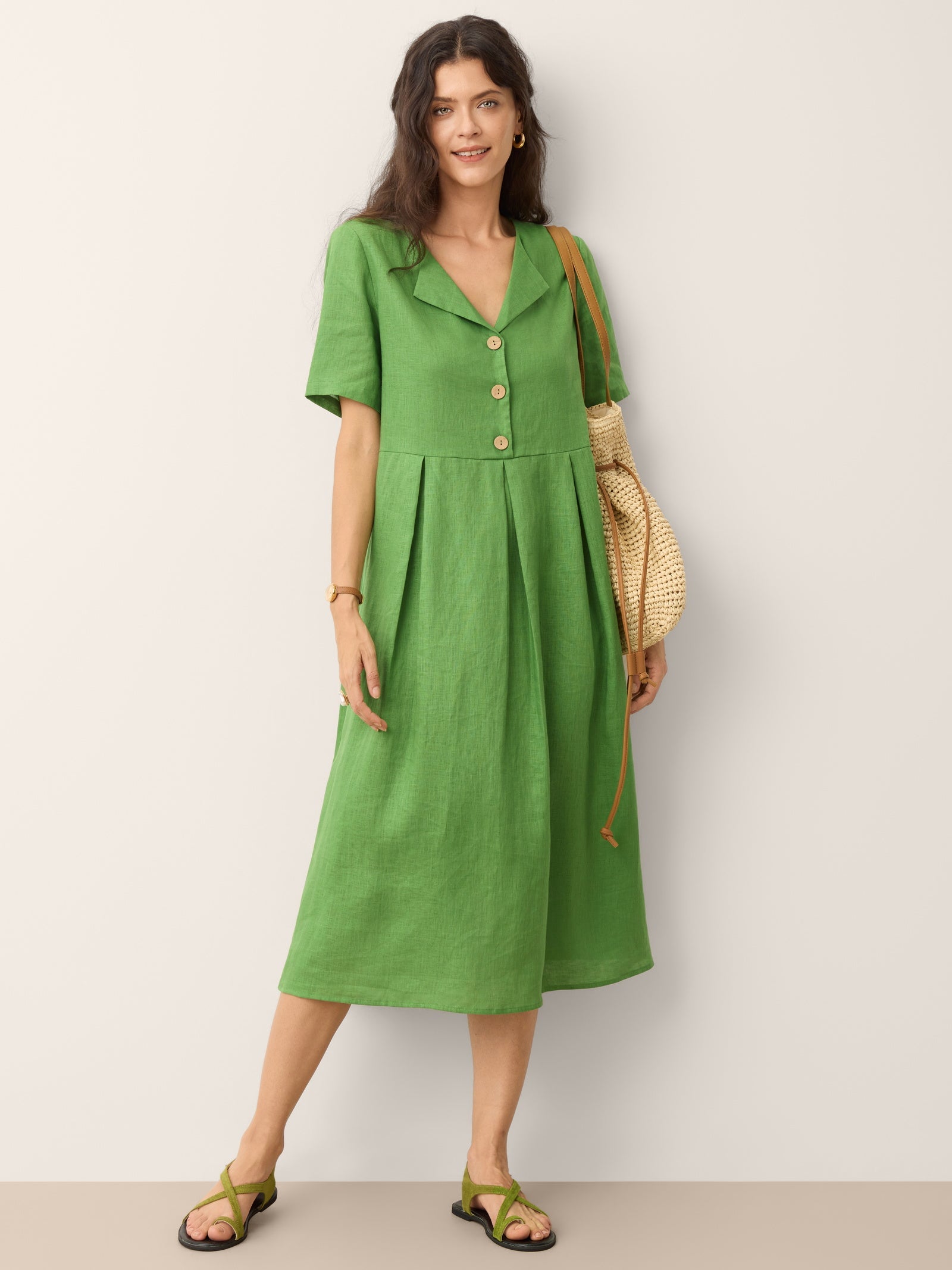 100% Linen Split Neck Button Detail Midi Dress SERAPHINE DestGlow